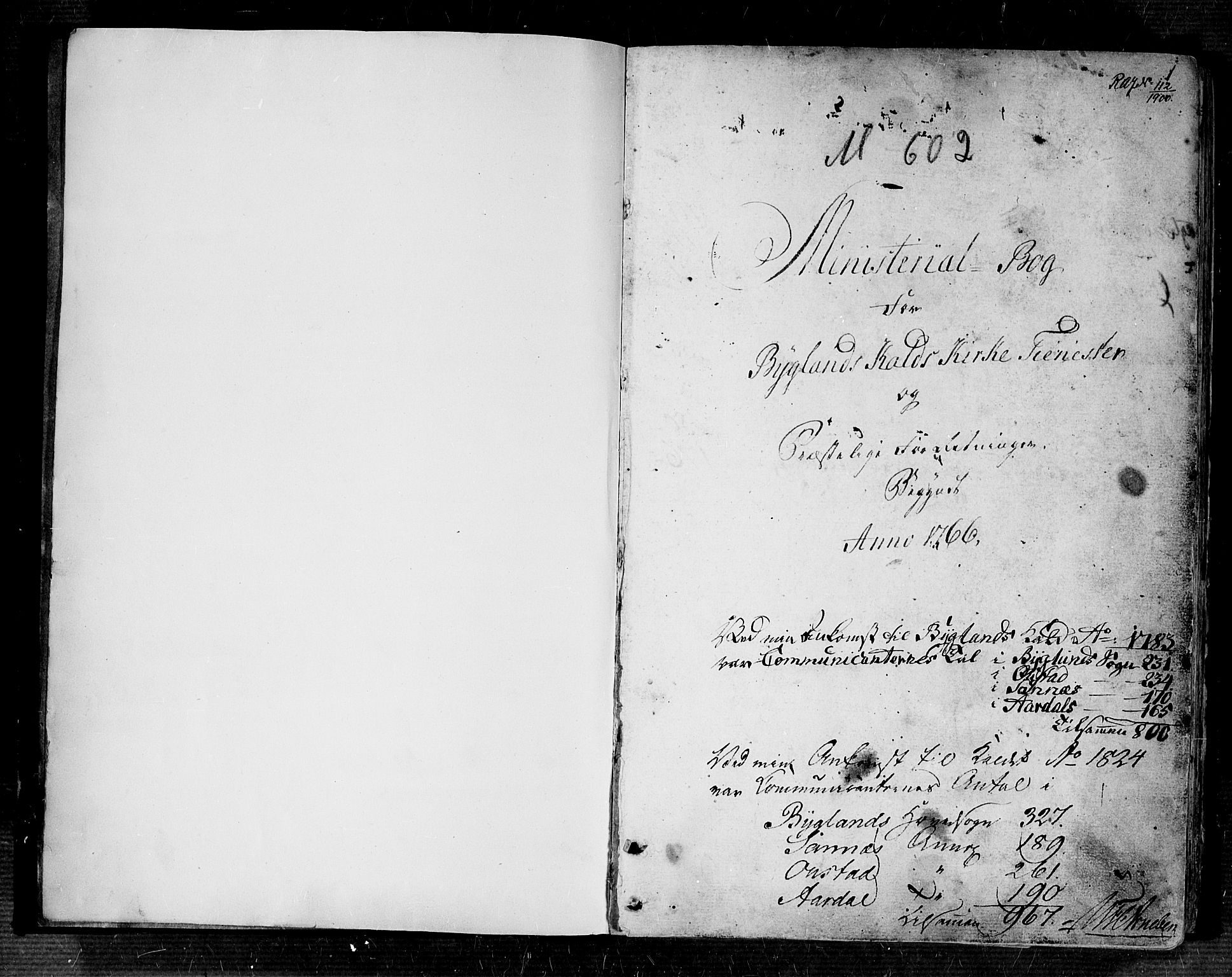 Bygland sokneprestkontor, AV/SAK-1111-0006/F/Fa/Fab/L0002: Parish register (official) no. A 2, 1766-1816, p. 1