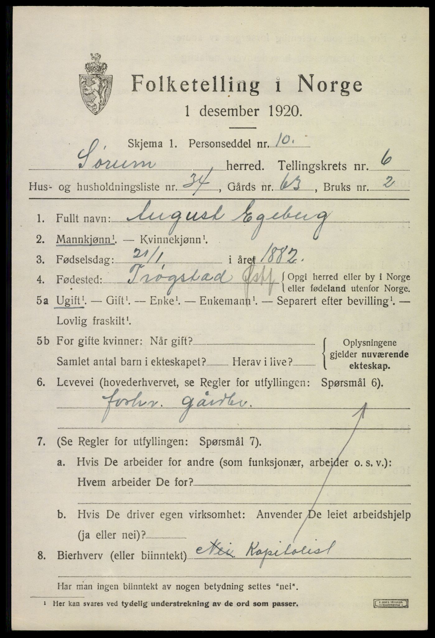 SAO, 1920 census for Sørum, 1920, p. 5905
