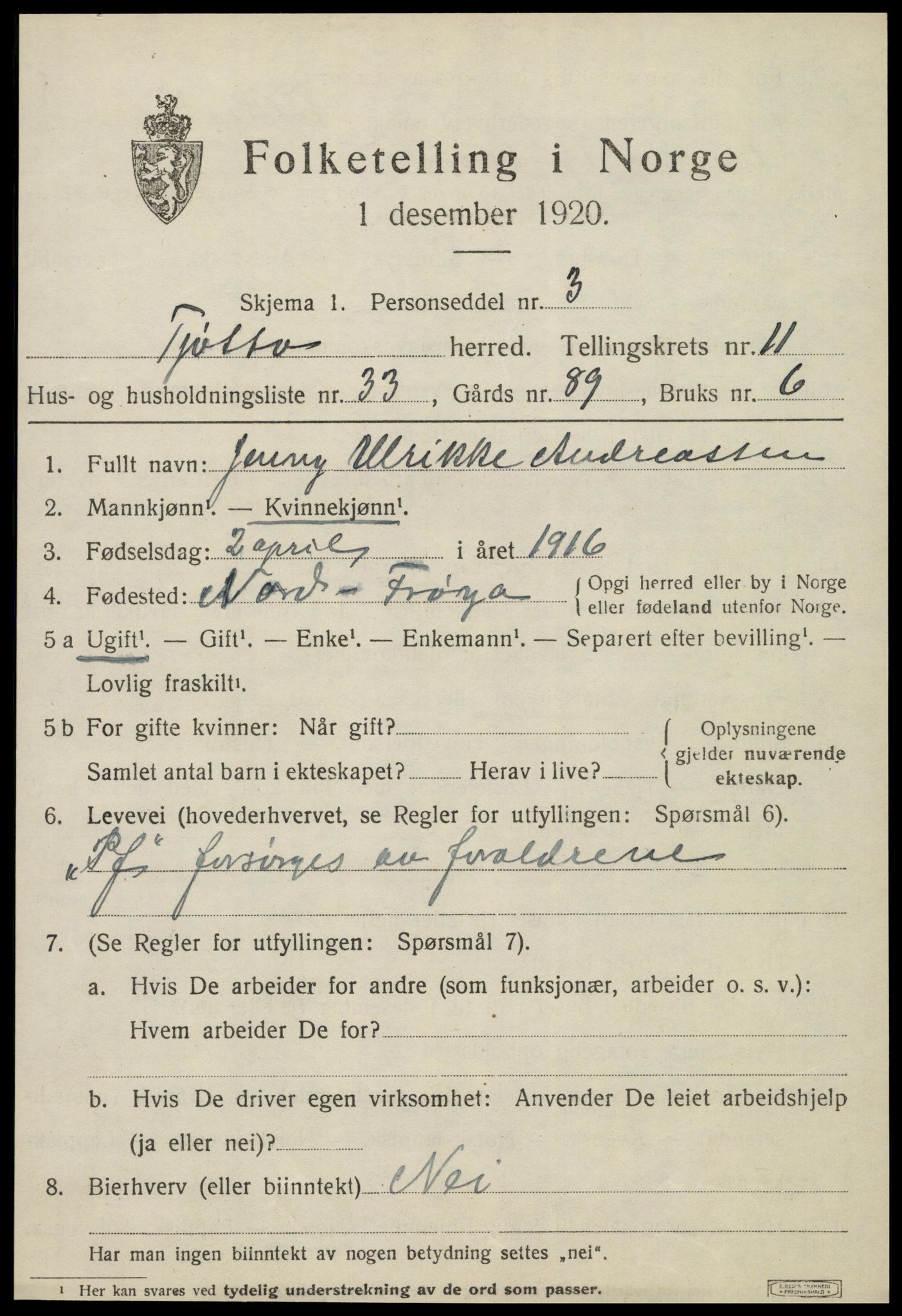 SAT, 1920 census for Tjøtta, 1920, p. 4701