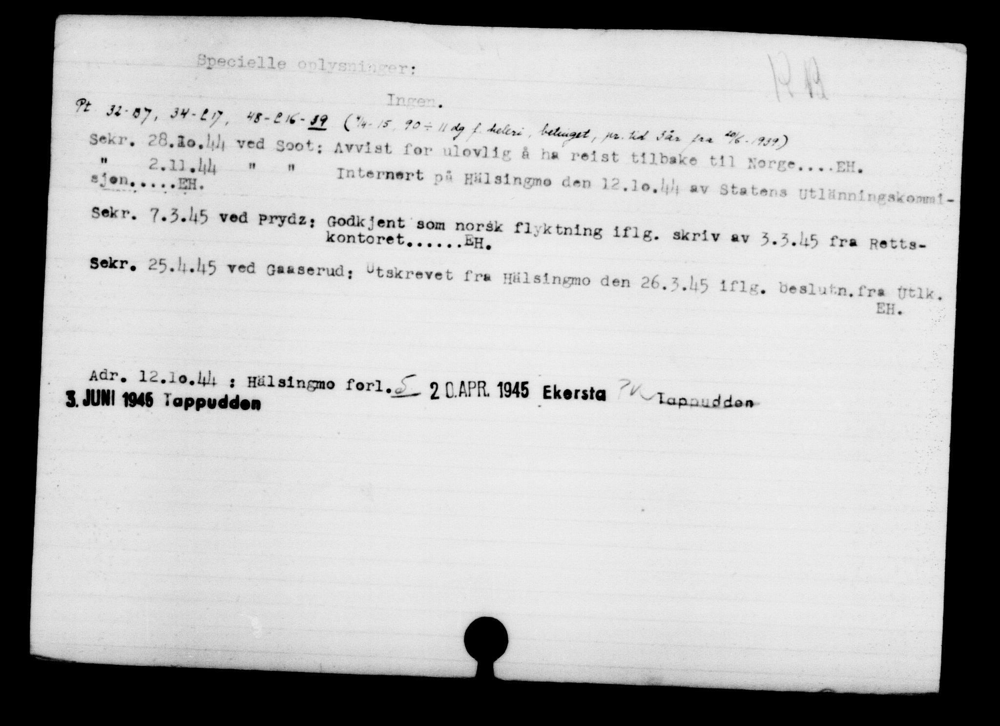 Den Kgl. Norske Legasjons Flyktningskontor, RA/S-6753/V/Va/L0003: Kjesäterkartoteket.  Flyktningenr. 2001-3495, 1940-1945, p. 159