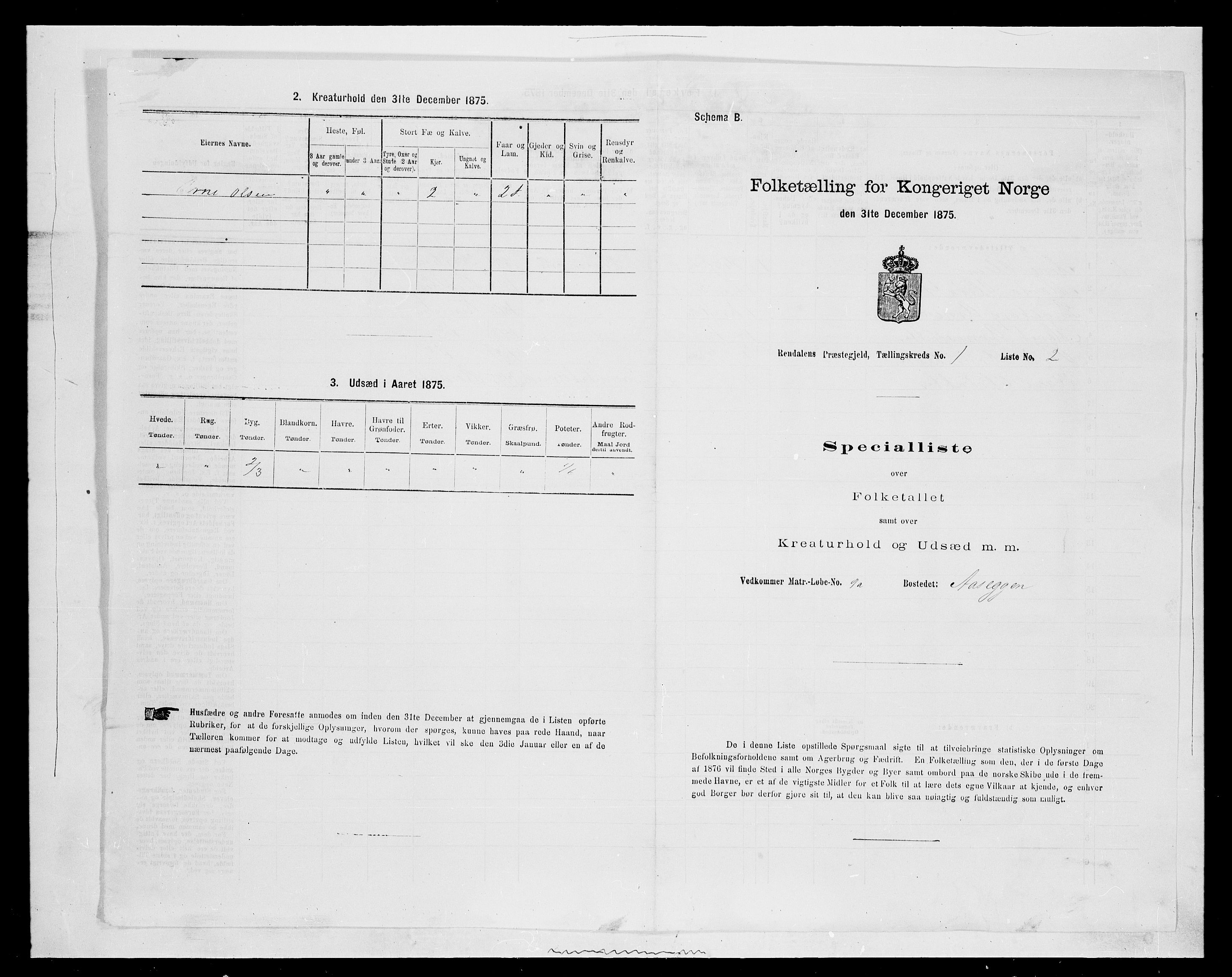 SAH, 1875 census for 0432P Rendalen, 1875, p. 109