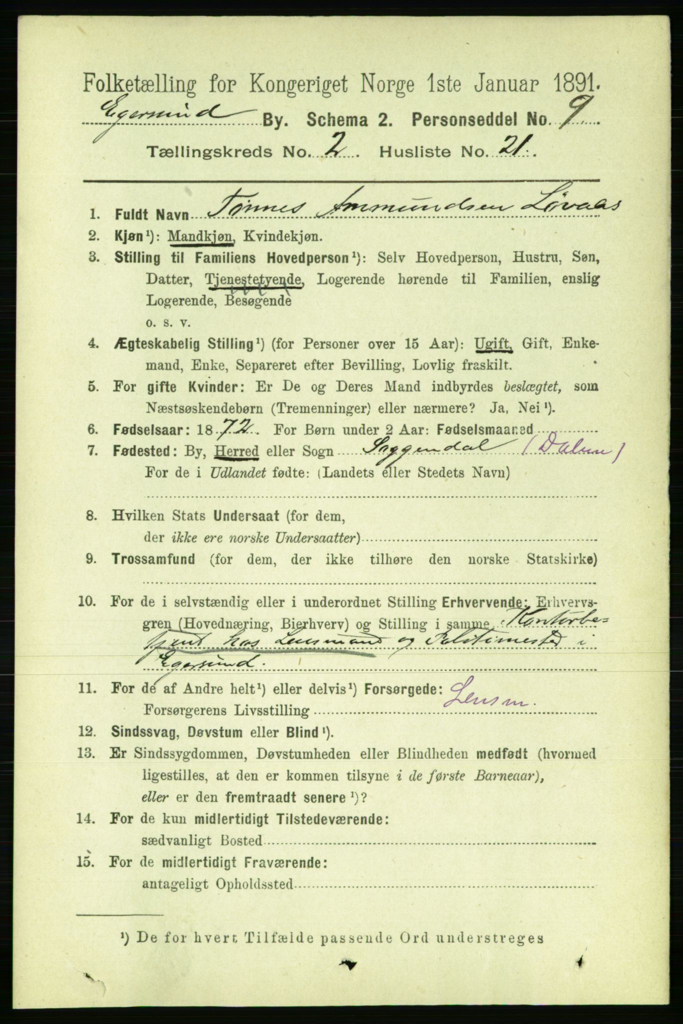 RA, 1891 census for 1101 Egersund, 1891, p. 399