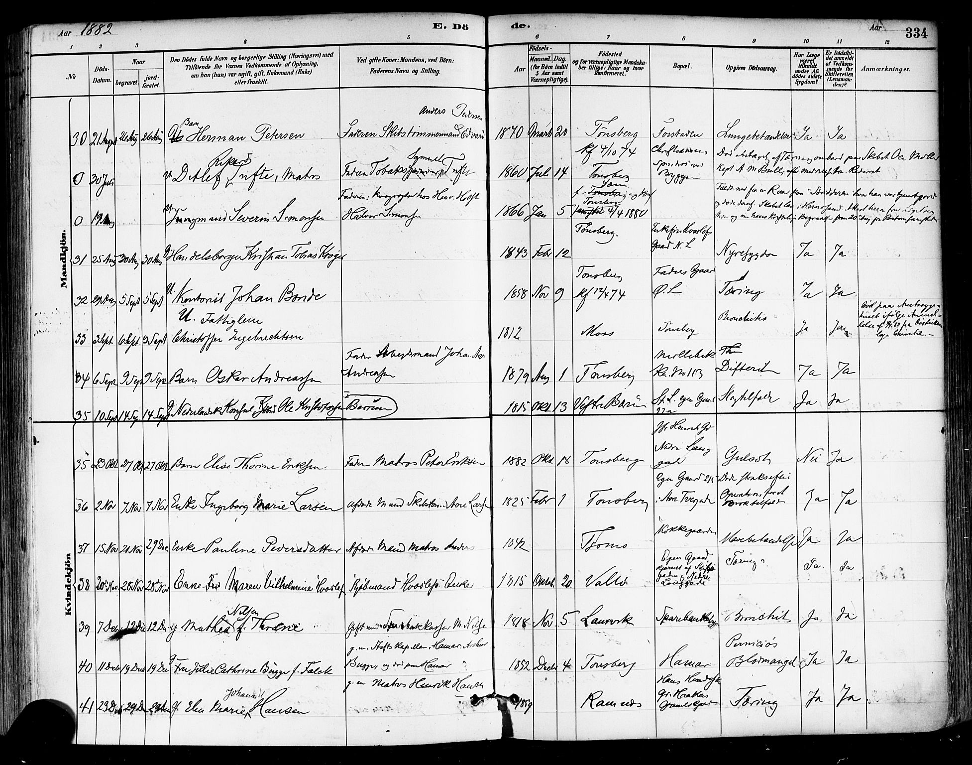 Tønsberg kirkebøker, AV/SAKO-A-330/F/Fa/L0011: Parish register (official) no. I 11, 1881-1890, p. 334