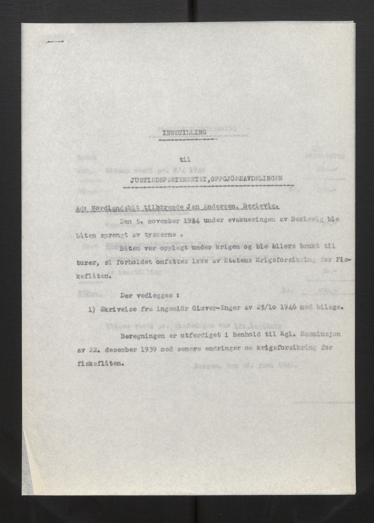 Fiskeridirektoratet - 1 Adm. ledelse - 13 Båtkontoret, SAB/A-2003/La/L0033: Statens krigsforsikring for fiskeflåten, 1936-1971, p. 134