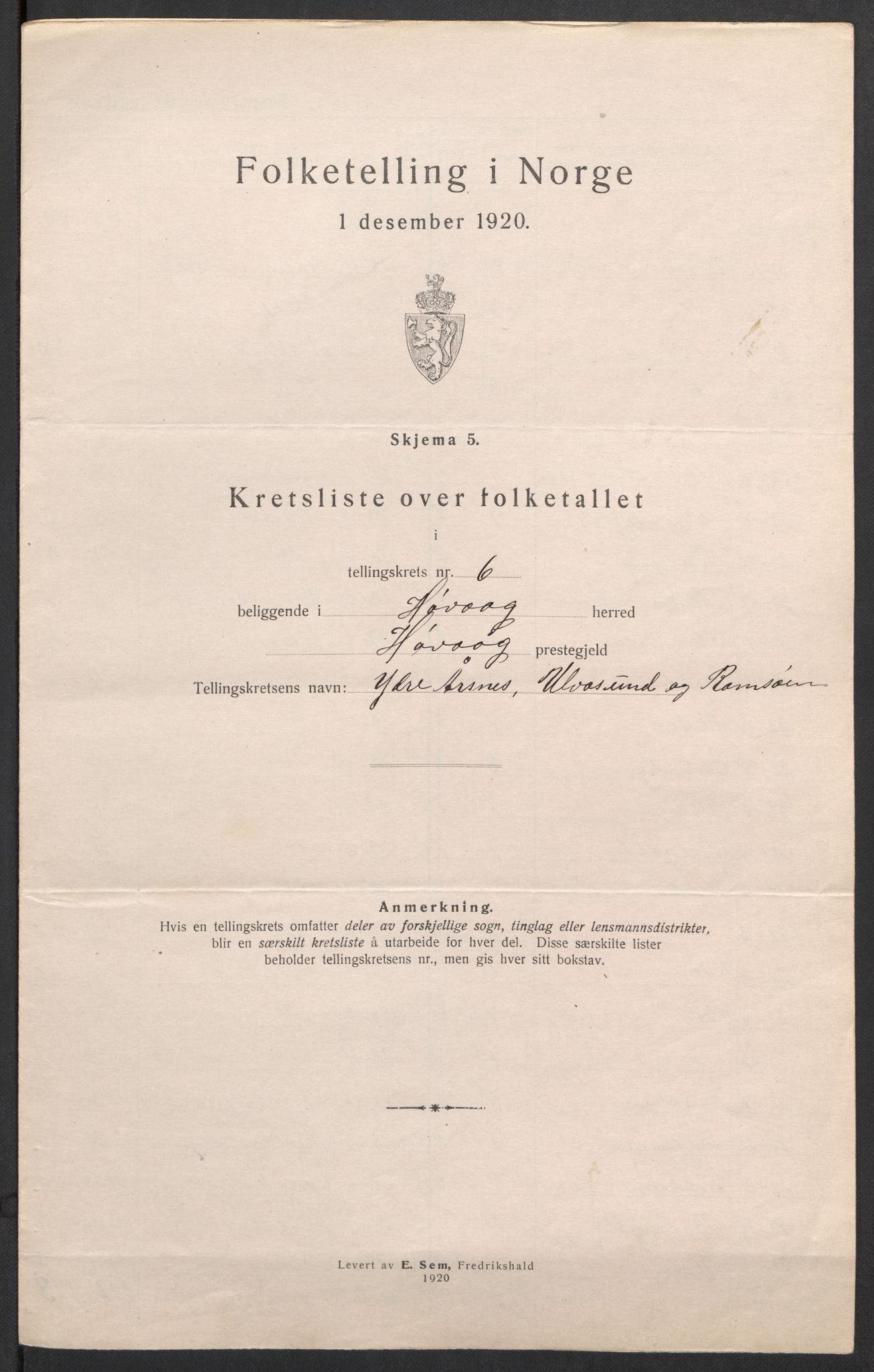 SAK, 1920 census for Høvåg, 1920, p. 21