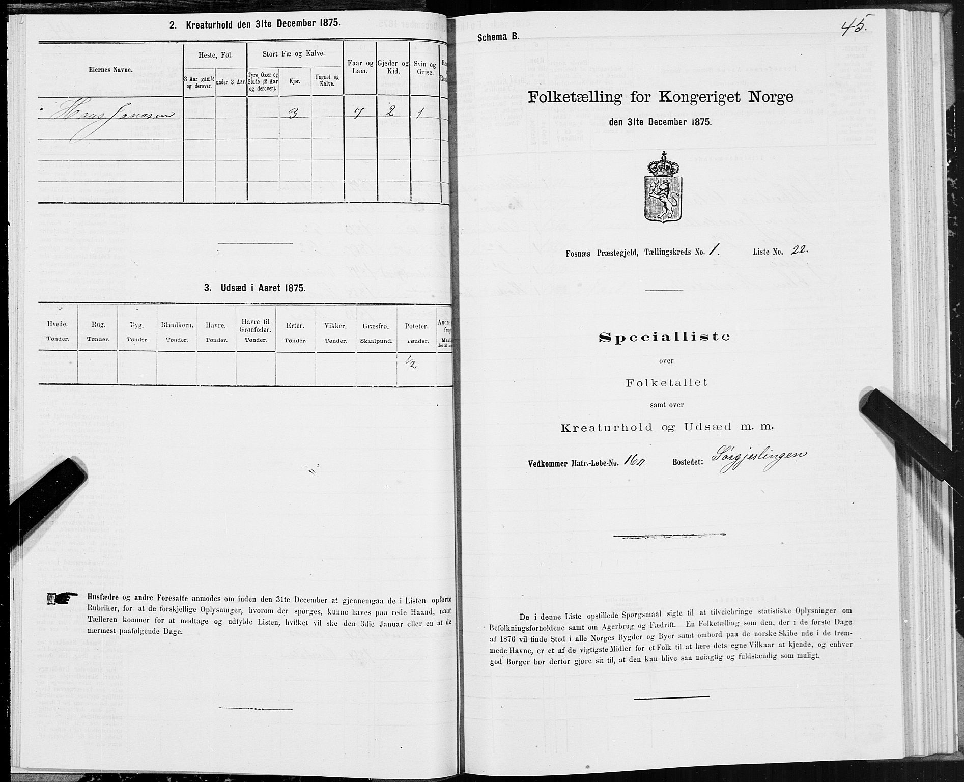 SAT, 1875 census for 1748P Fosnes, 1875, p. 1045