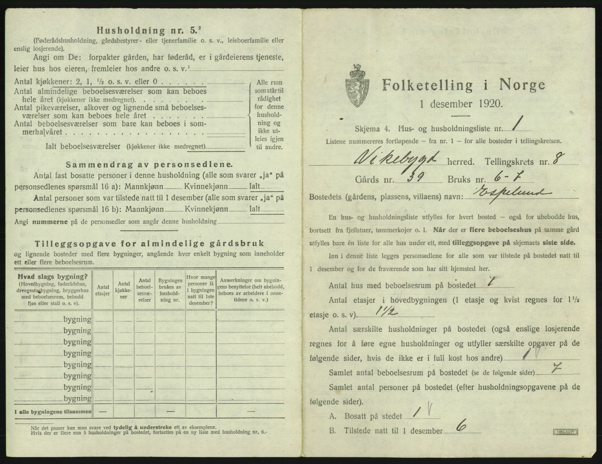 SAB, 1920 census for Vikebygd, 1920, p. 463