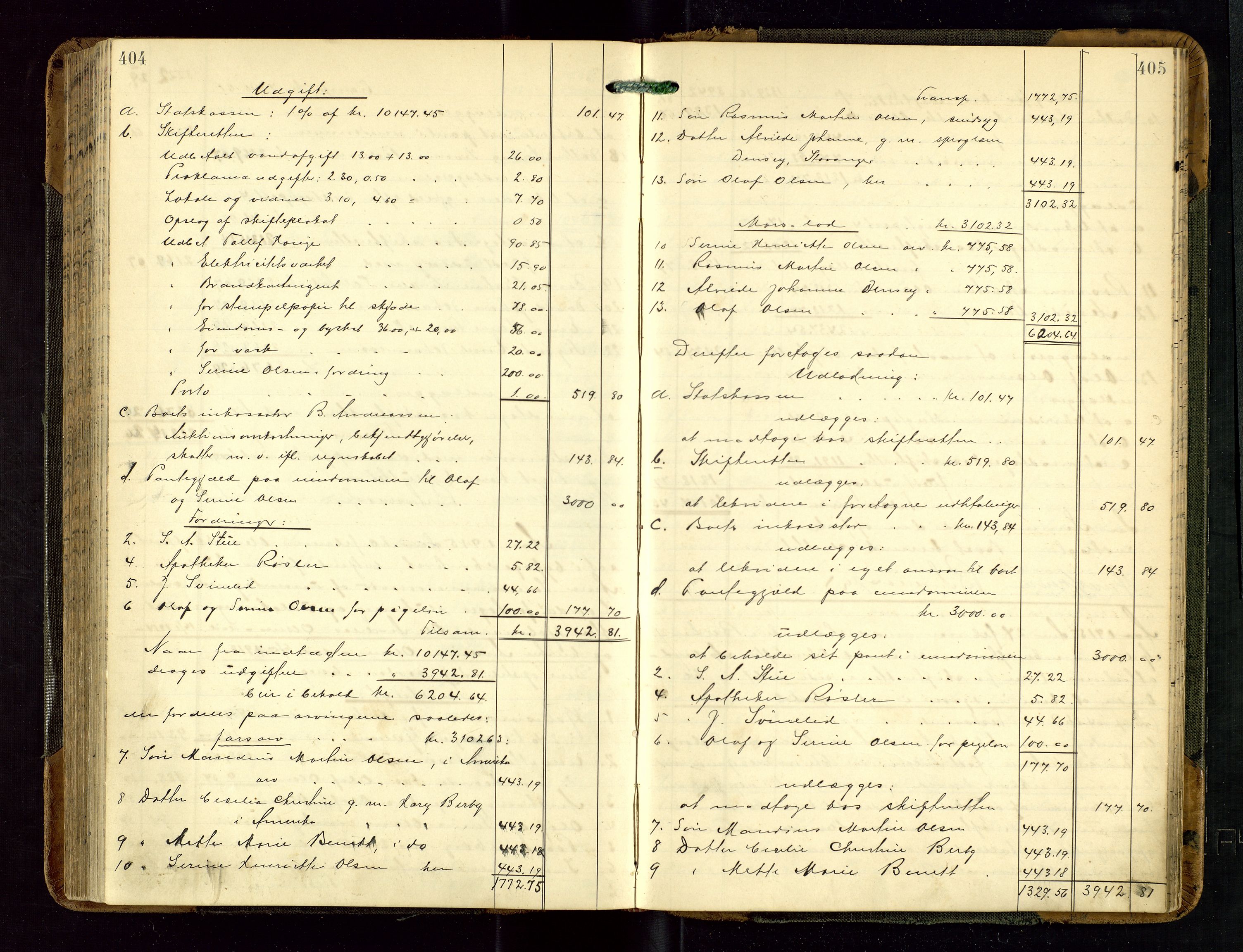 Haugesund tingrett, AV/SAST-A-101415/01/IV/IVD/L0002: Skifteutlodningsprotokoll, med register, 1904-1915, p. 404-405