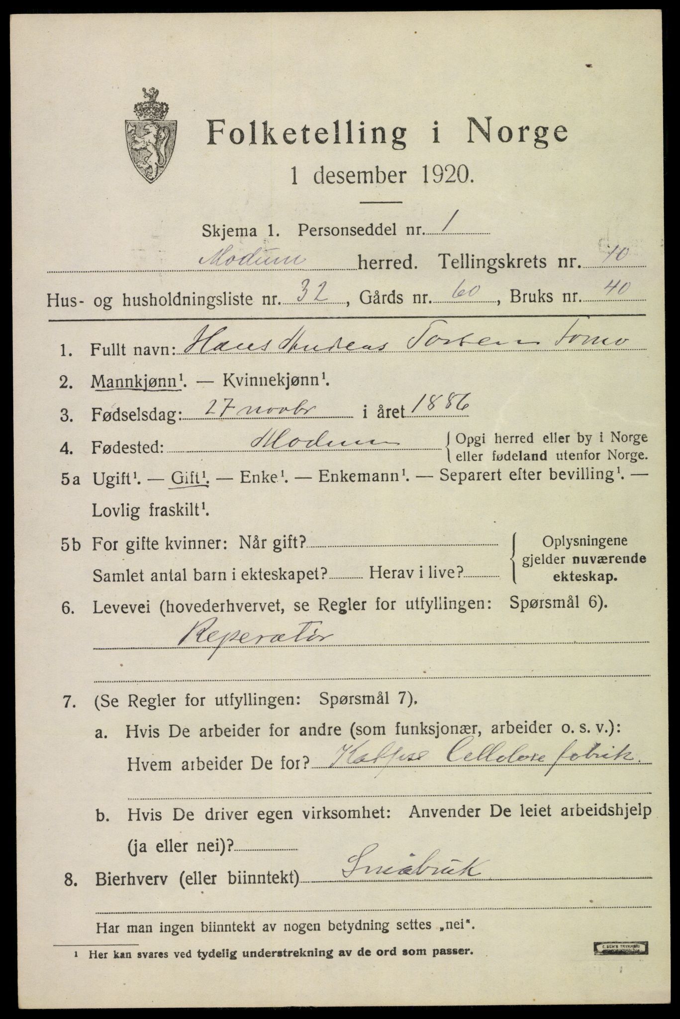 SAKO, 1920 census for Modum, 1920, p. 13279