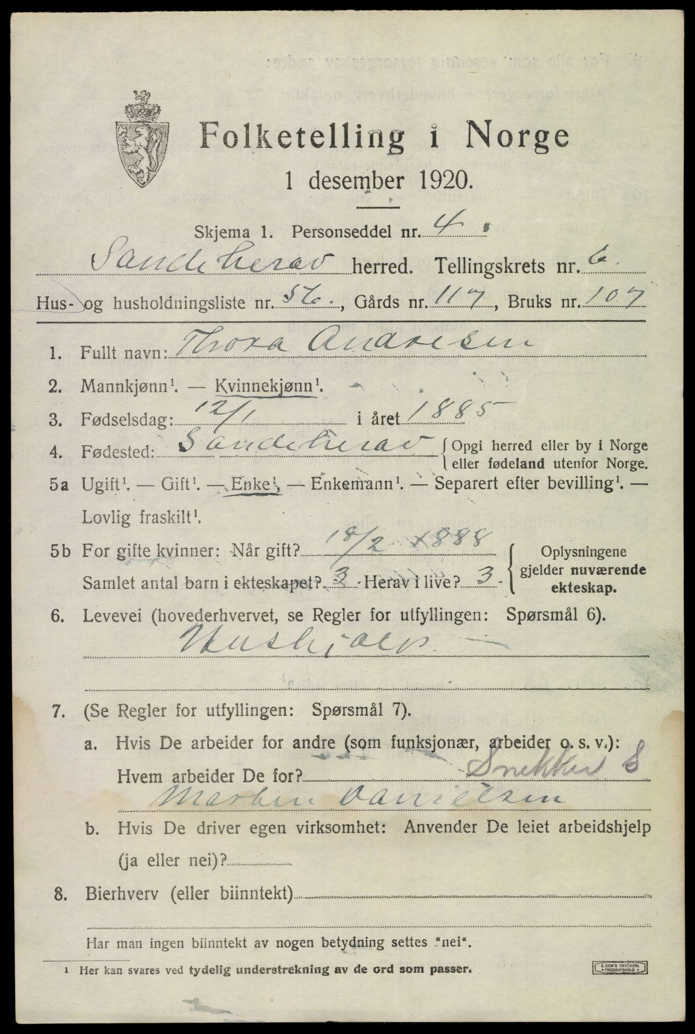 SAKO, 1920 census for Sandeherred, 1920, p. 10316