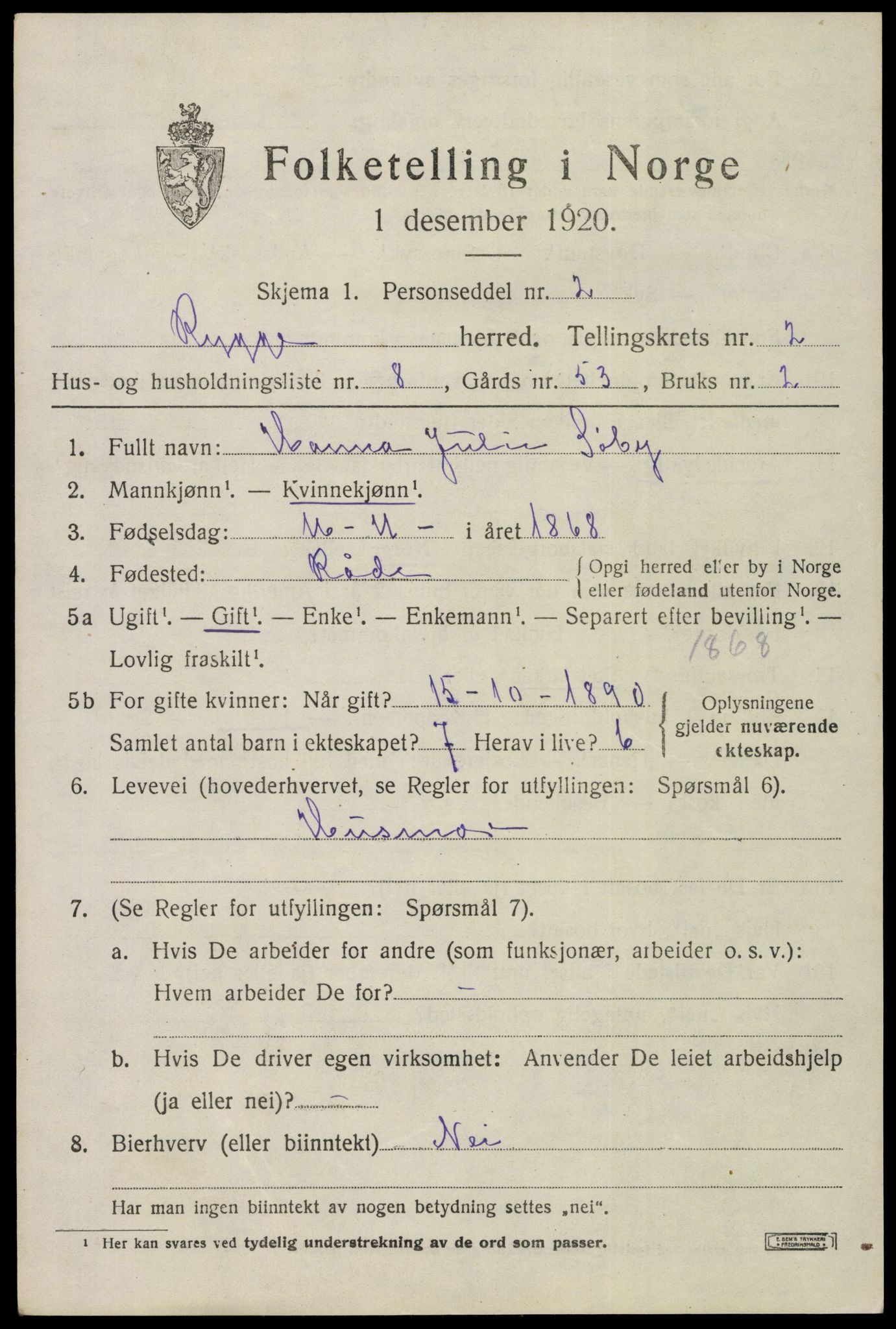 SAO, 1920 census for Rygge, 1920, p. 6197