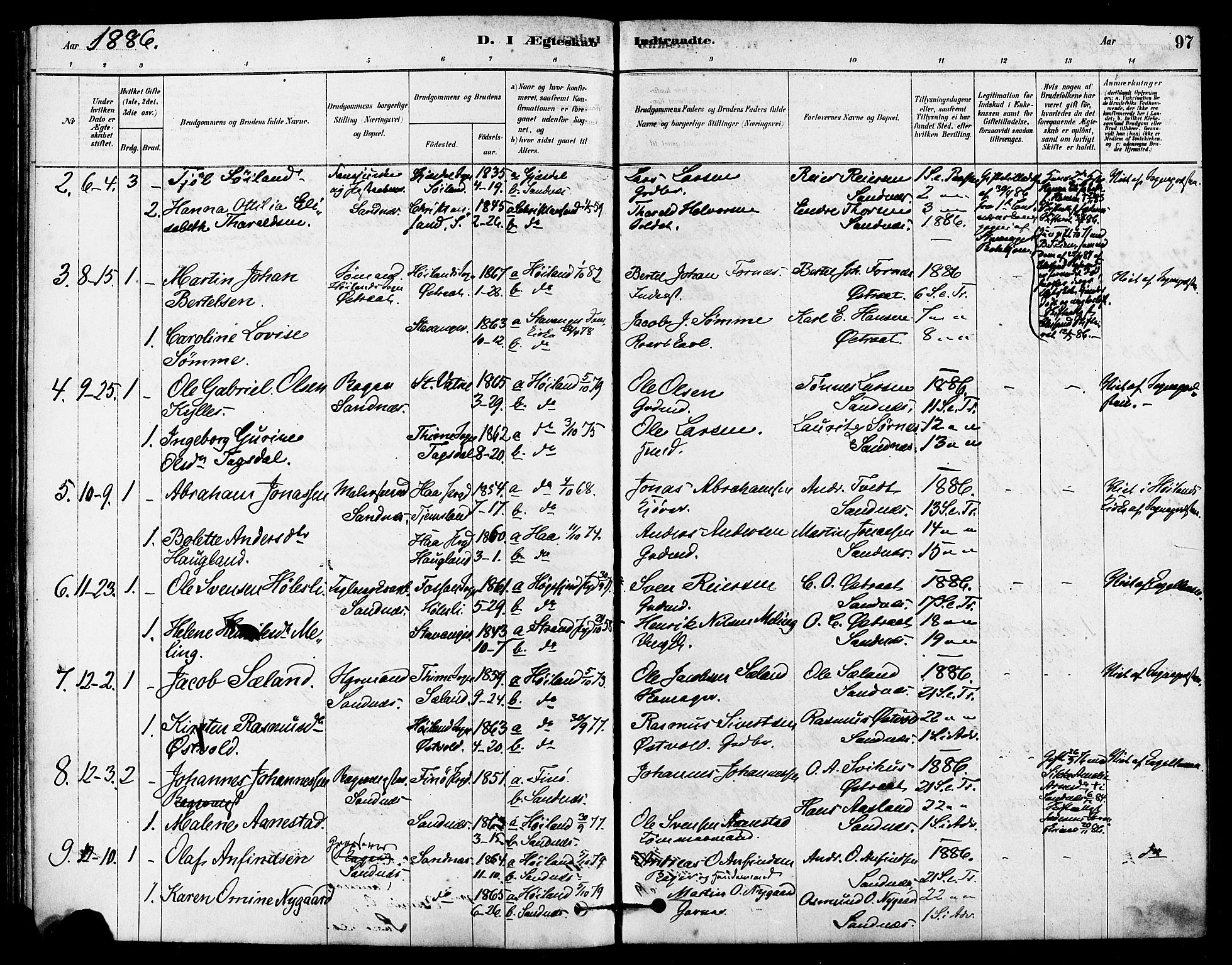 Høyland sokneprestkontor, SAST/A-101799/001/30BA/L0012: Parish register (official) no. A 11, 1878-1889, p. 97