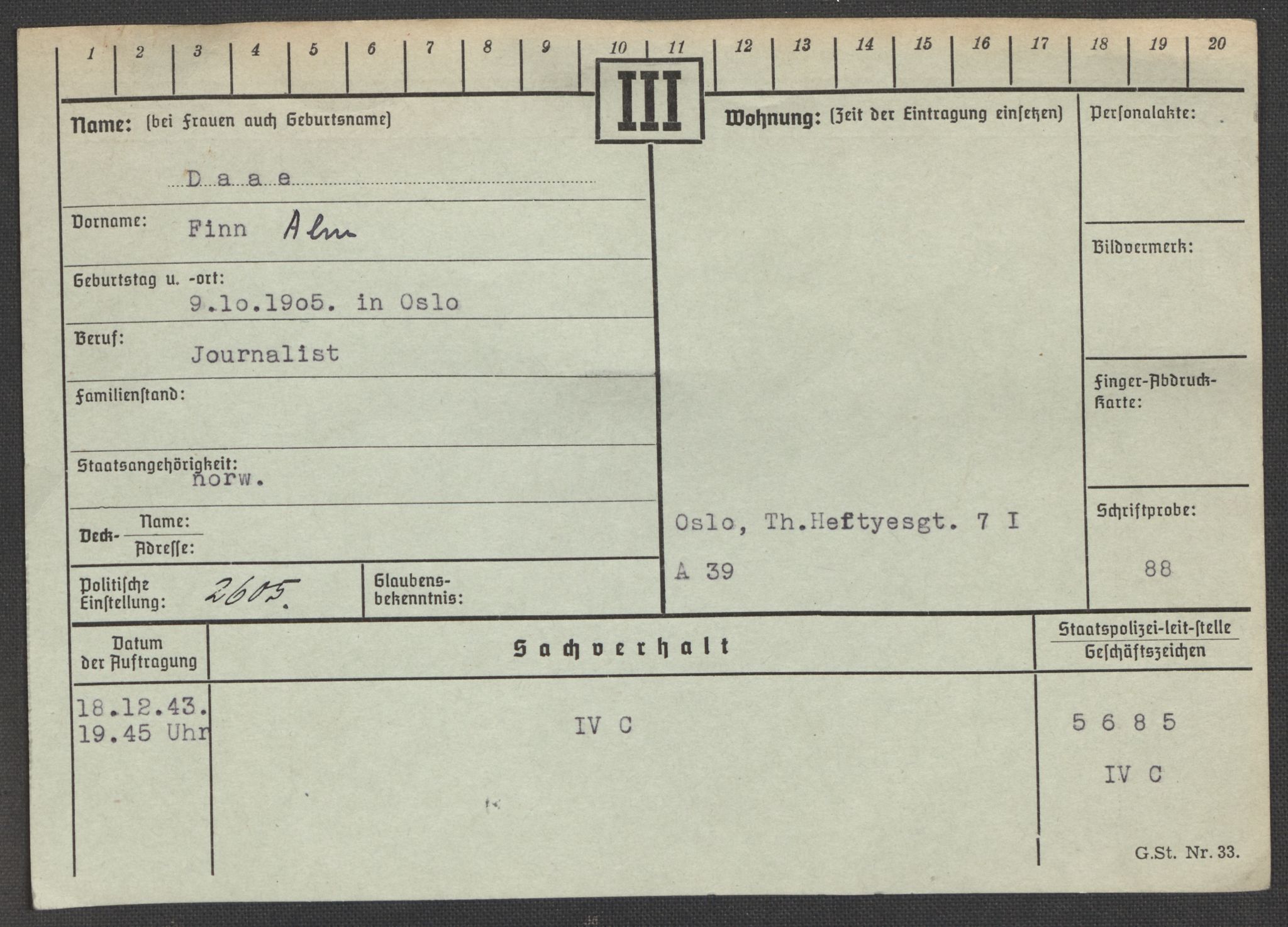 Befehlshaber der Sicherheitspolizei und des SD, AV/RA-RAFA-5969/E/Ea/Eaa/L0002: Register over norske fanger i Møllergata 19: Bj-Eng, 1940-1945, p. 1147