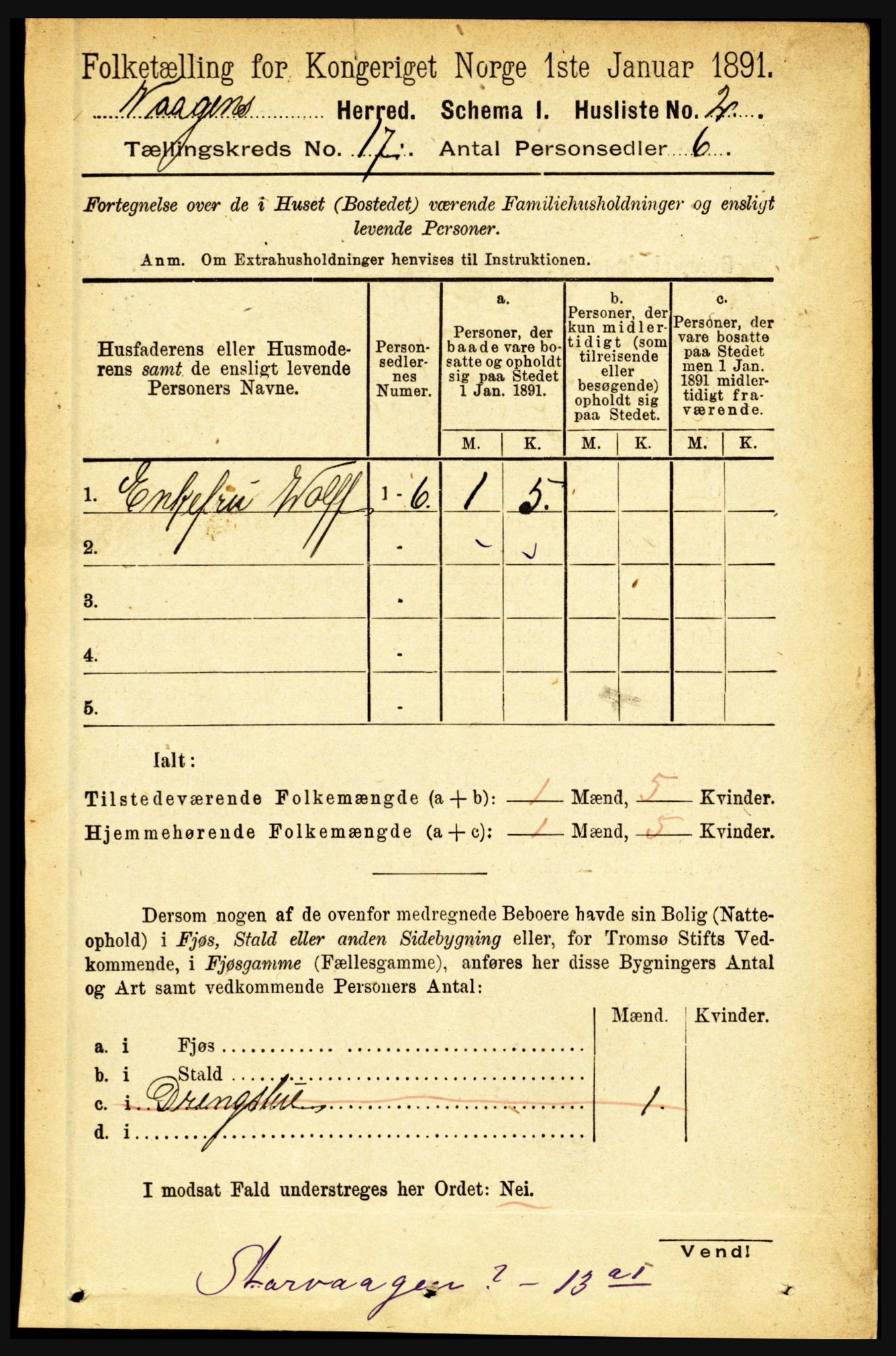 RA, 1891 census for 1865 Vågan, 1891, p. 4892