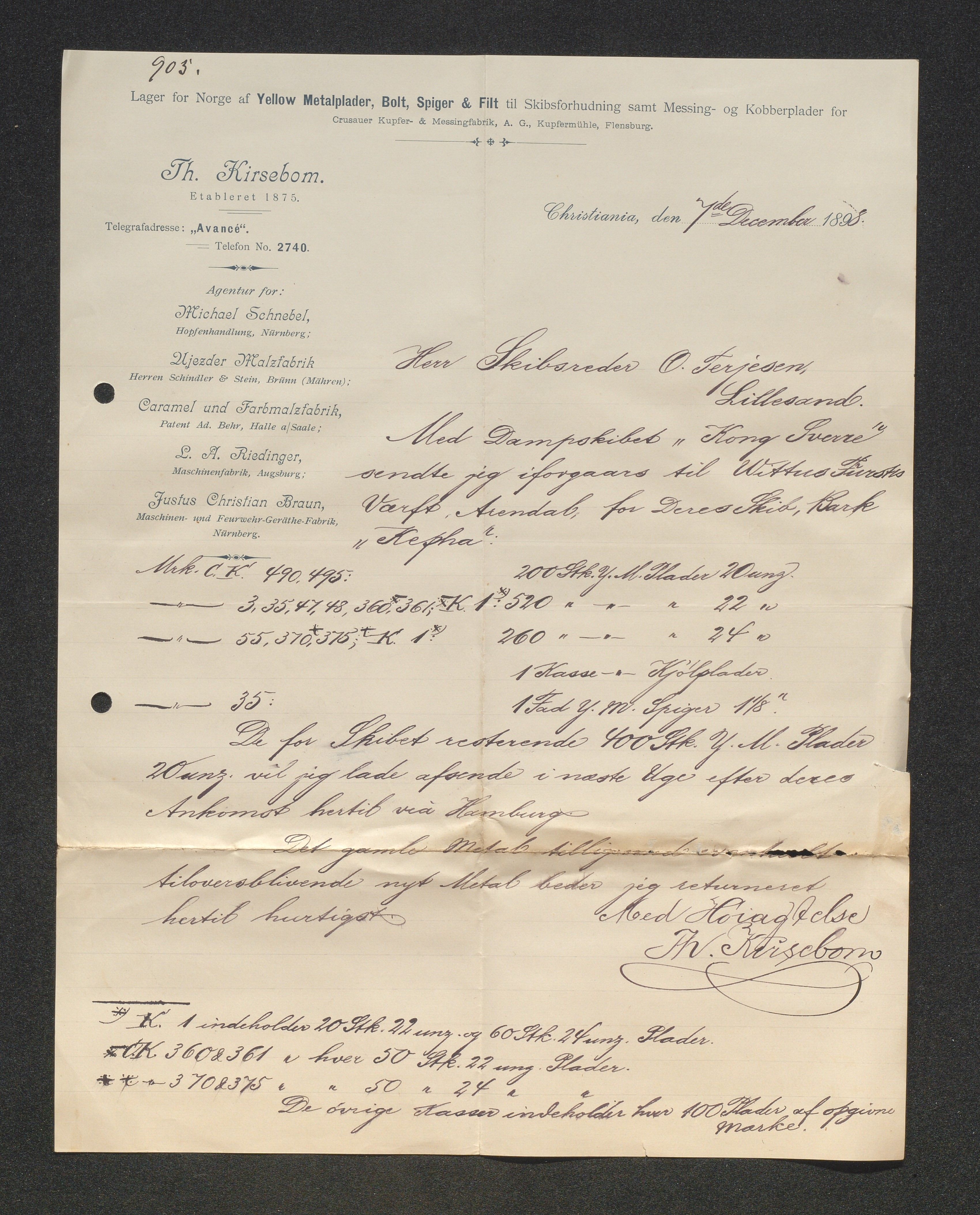 O. Terjesens rederi, AAKS/PA-2525/E/E01/L0006: Korrespondanse, 1899