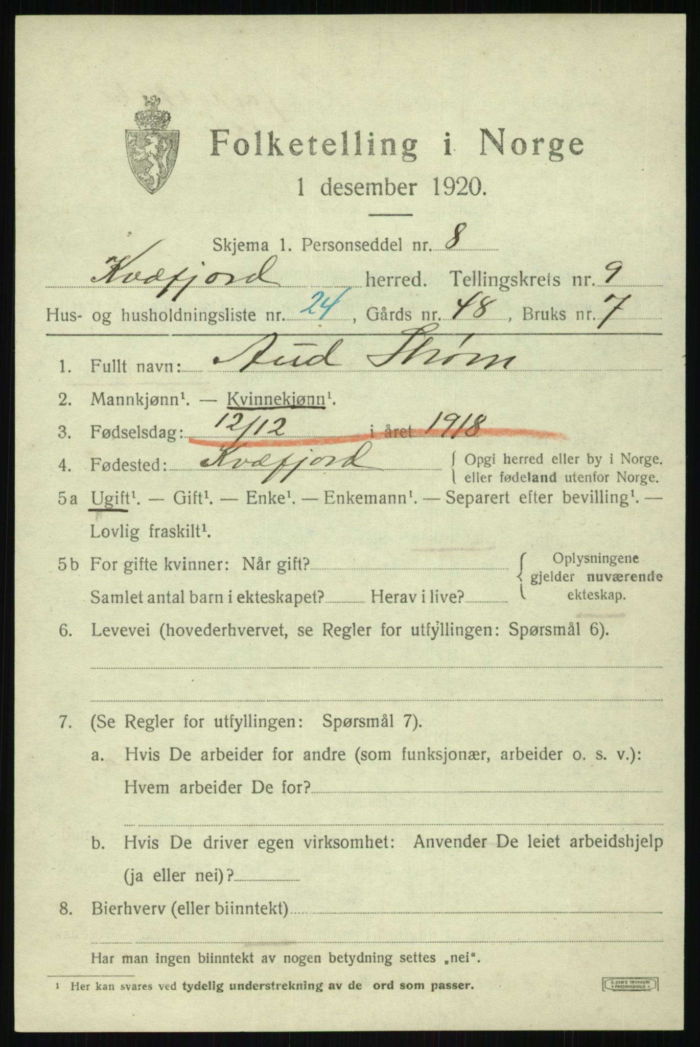 SATØ, 1920 census for Kvæfjord, 1920, p. 4509