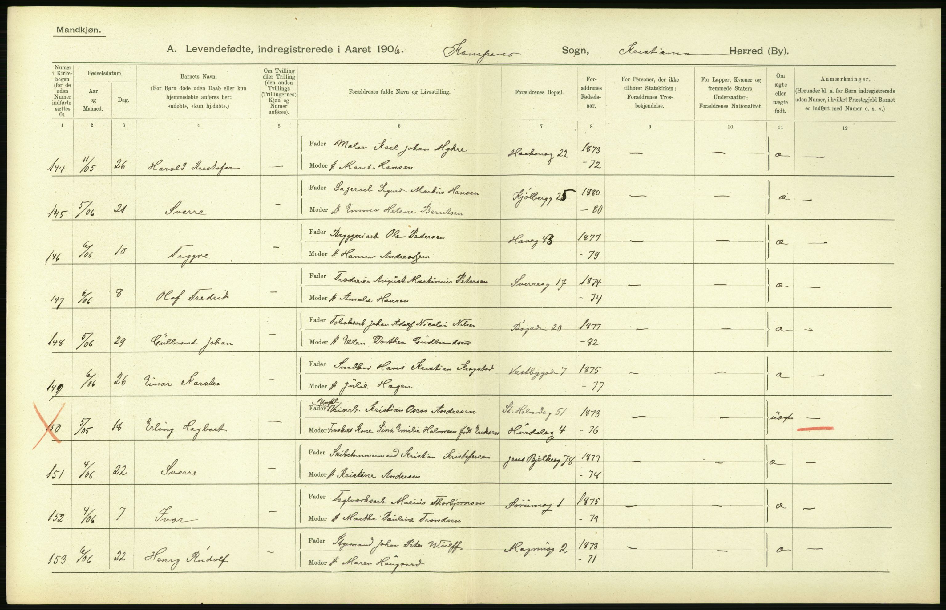 Statistisk sentralbyrå, Sosiodemografiske emner, Befolkning, AV/RA-S-2228/D/Df/Dfa/Dfad/L0007: Kristiania: Levendefødte menn og kvinner., 1906, p. 724