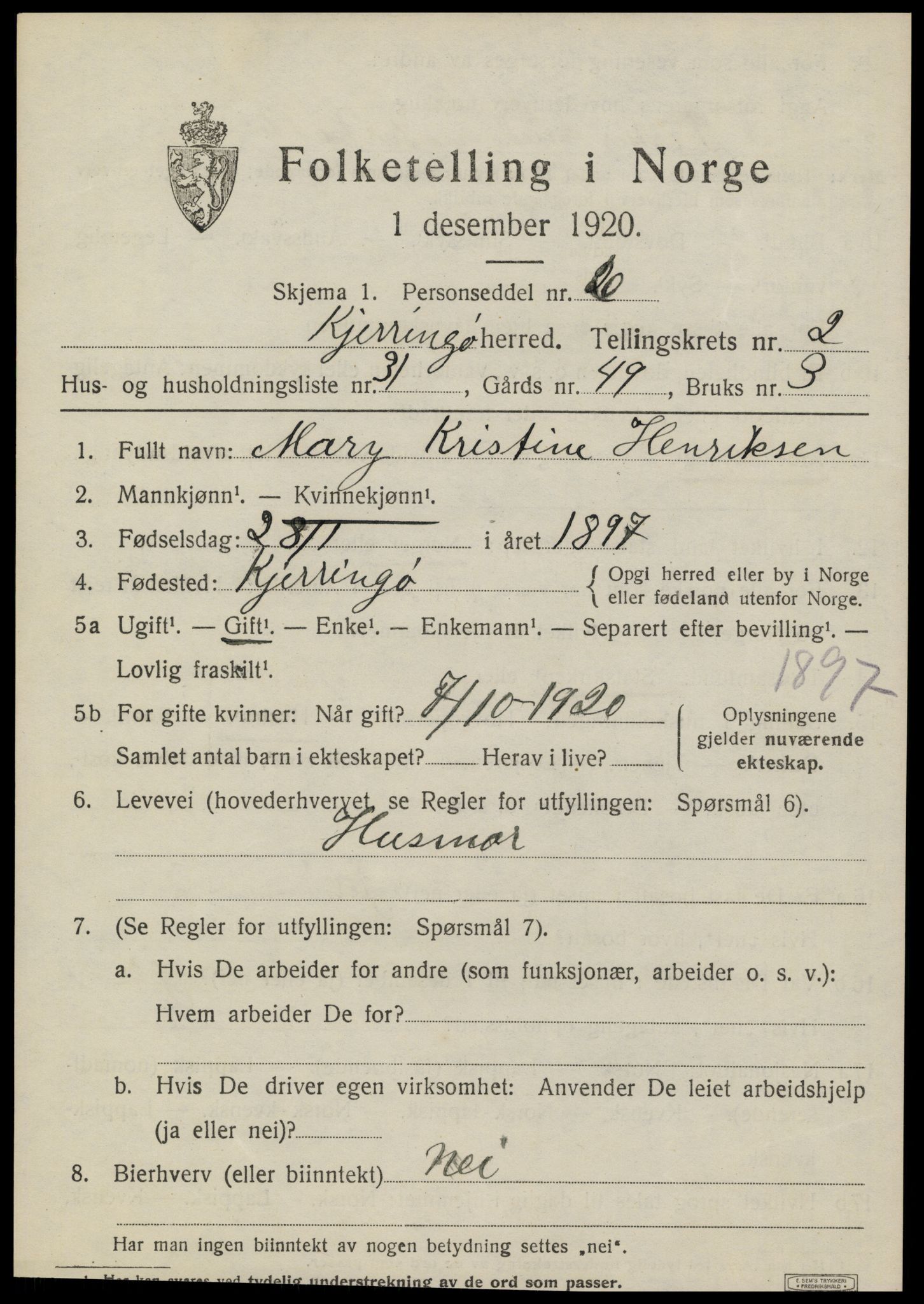 SAT, 1920 census for Kjerringøy, 1920, p. 1185