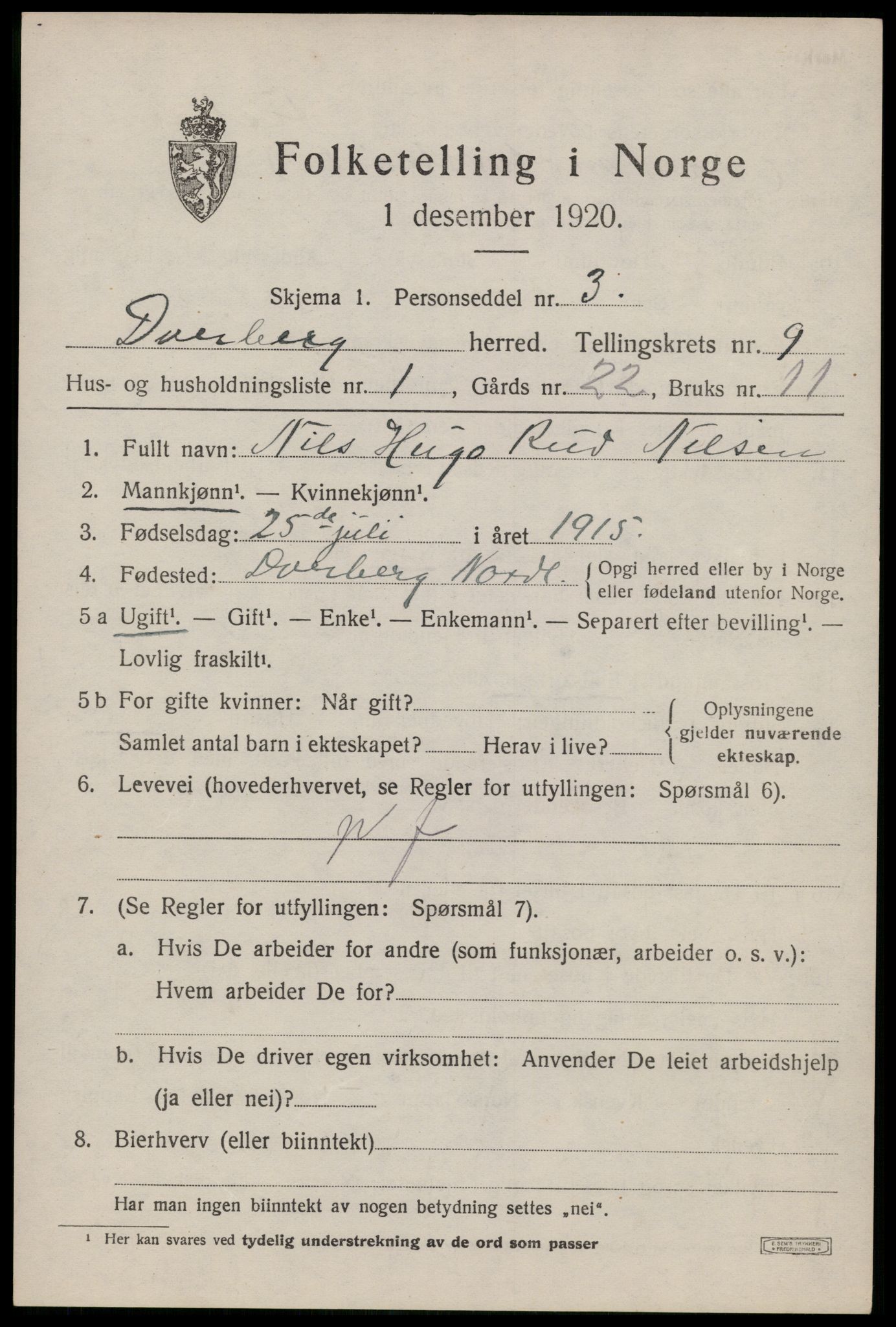 SAT, 1920 census for Dverberg, 1920, p. 7886