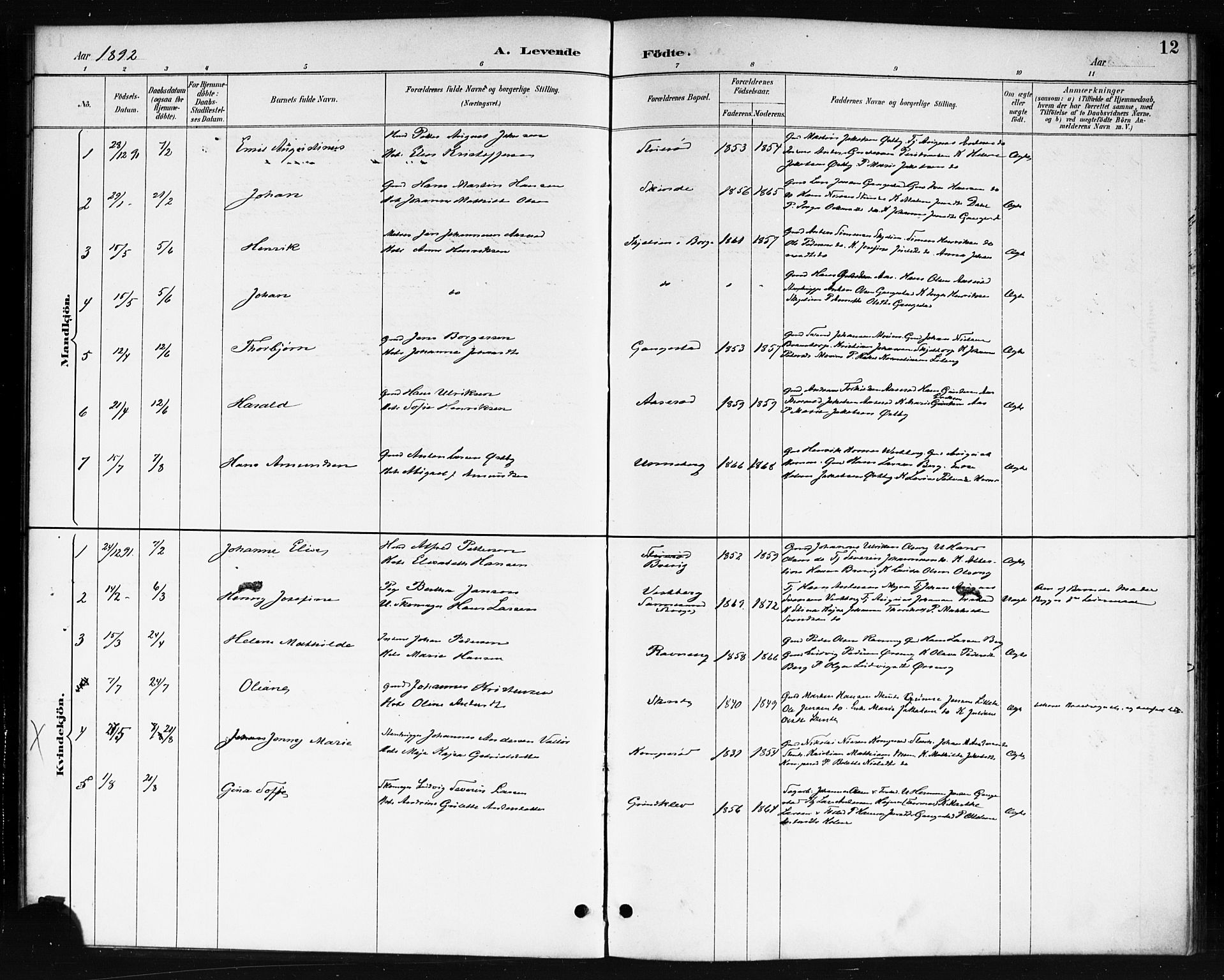 Skjeberg prestekontor Kirkebøker, AV/SAO-A-10923/F/Fb/L0001: Parish register (official) no. II 1, 1886-1894, p. 12