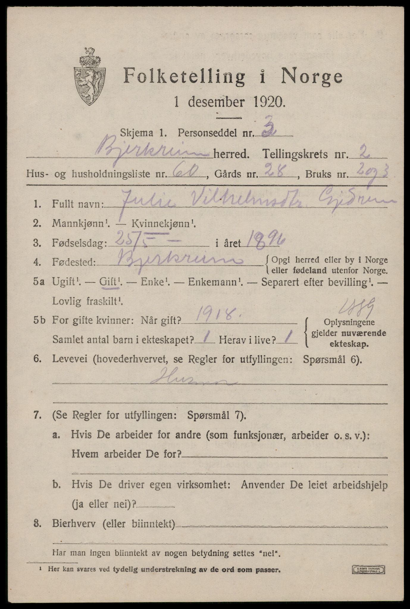 SAST, 1920 census for Bjerkreim, 1920, p. 1608