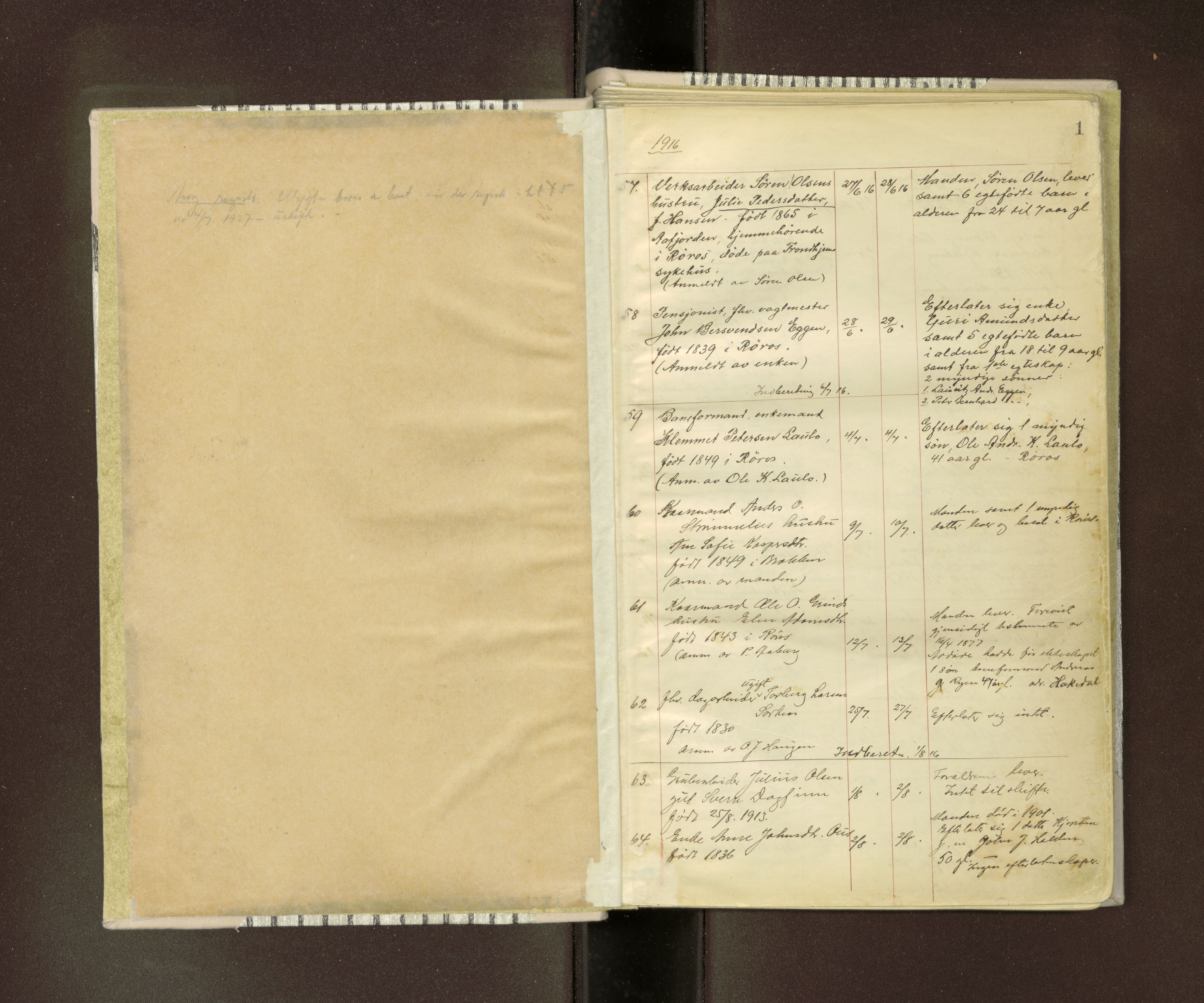 Røros lensmannskontor, AV/SAT-A-1079/2/07/L0038: Dødsfallprotokoll, 1916-1946, p. 1
