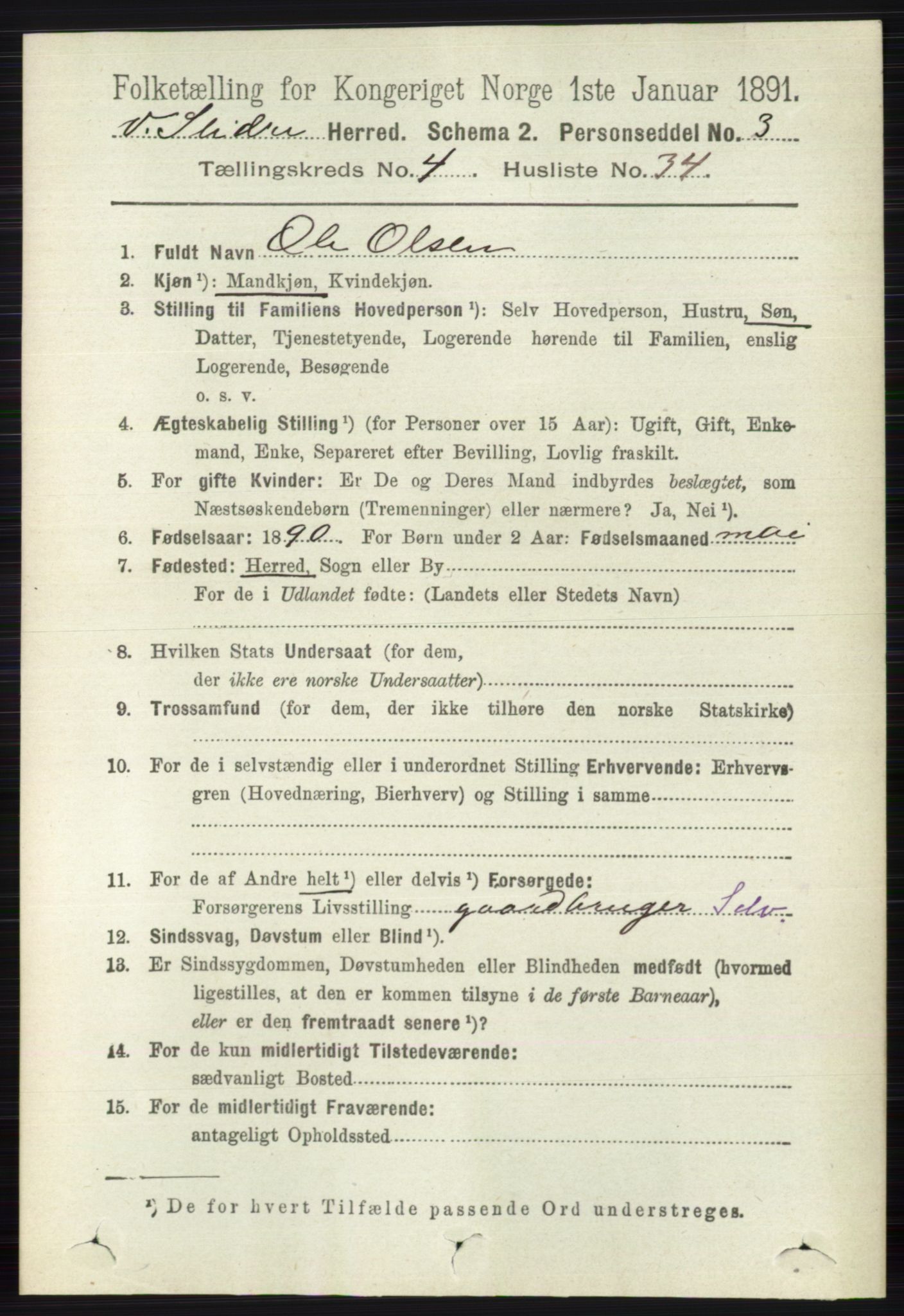 RA, 1891 census for 0543 Vestre Slidre, 1891, p. 1454
