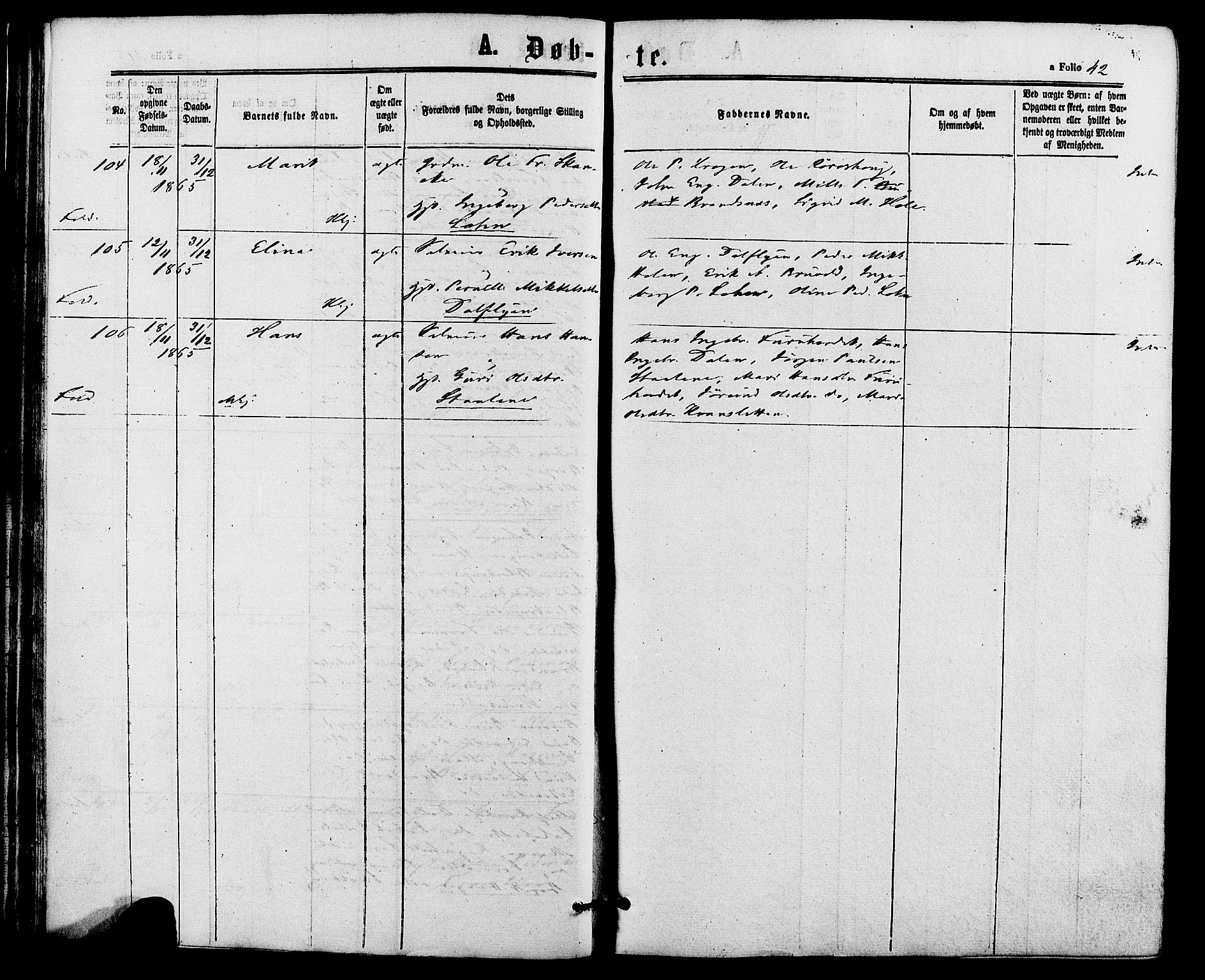 Alvdal prestekontor, AV/SAH-PREST-060/H/Ha/Haa/L0001: Parish register (official) no. 1, 1863-1882, p. 42