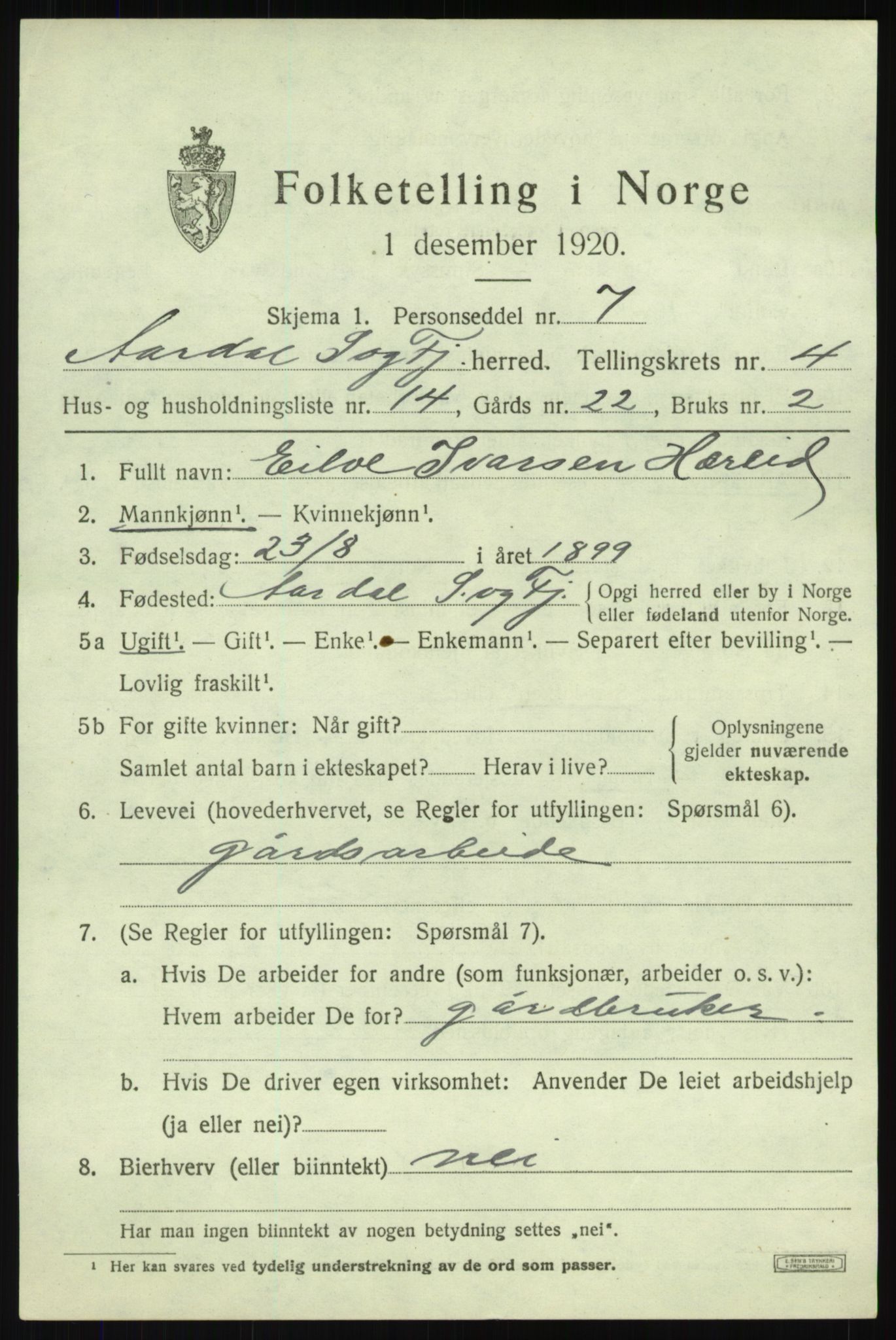 SAB, 1920 census for Årdal, 1920, p. 2773