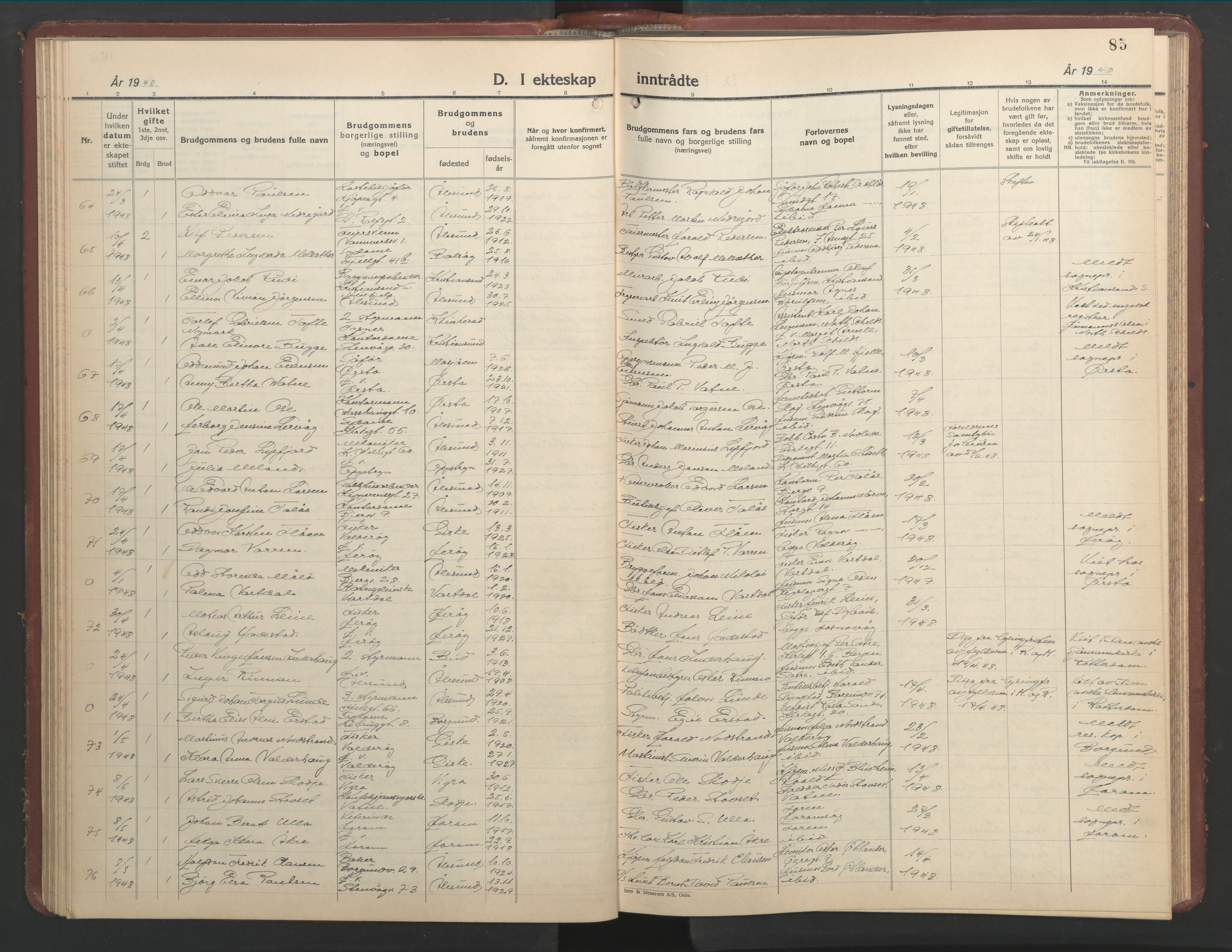 Ministerialprotokoller, klokkerbøker og fødselsregistre - Møre og Romsdal, AV/SAT-A-1454/529/L0479: Parish register (copy) no. 529C16, 1941-1950, p. 85