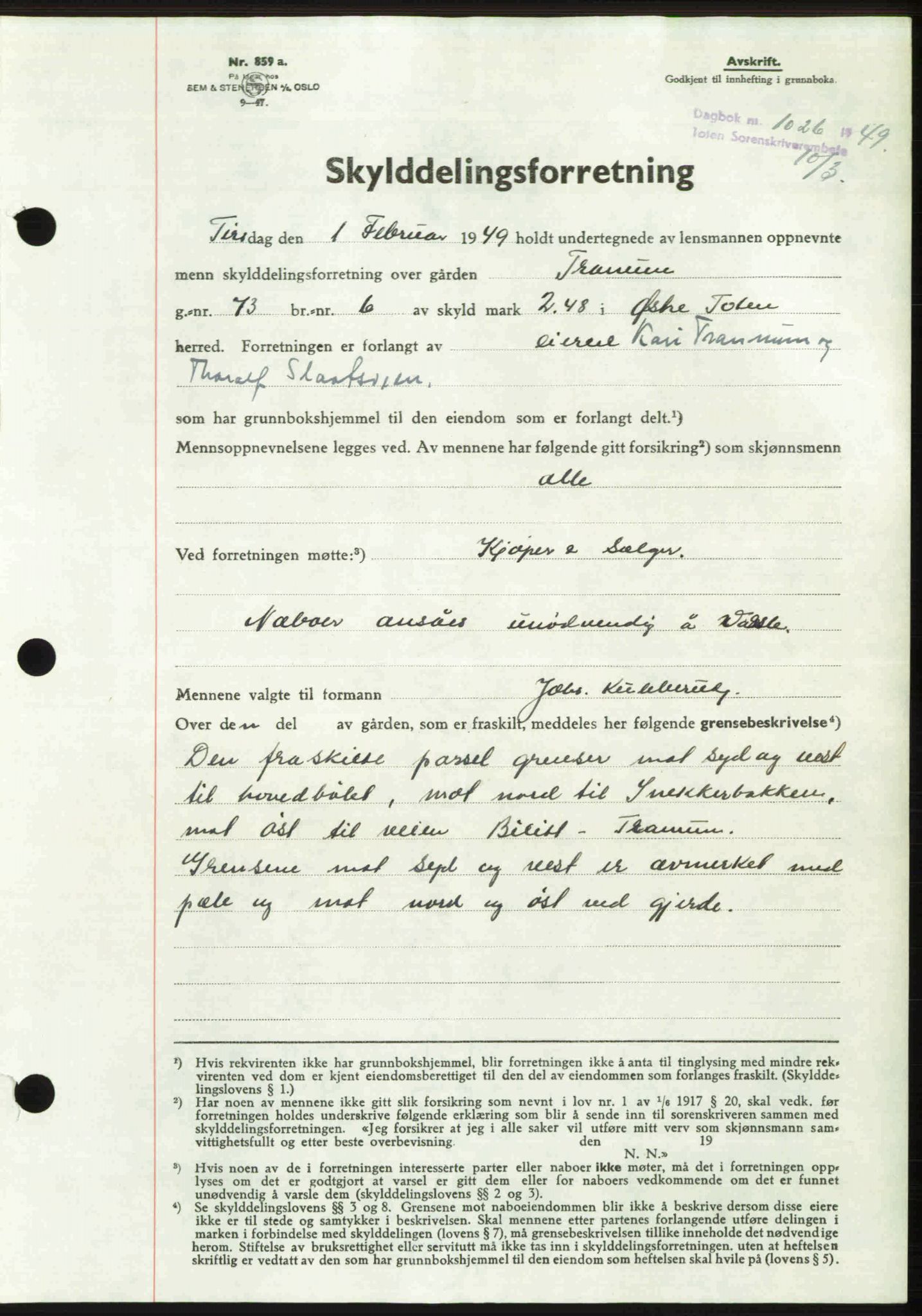 Toten tingrett, AV/SAH-TING-006/H/Hb/Hbc/L0021: Mortgage book no. Hbc-21, 1948-1949, Diary no: : 1026/1949