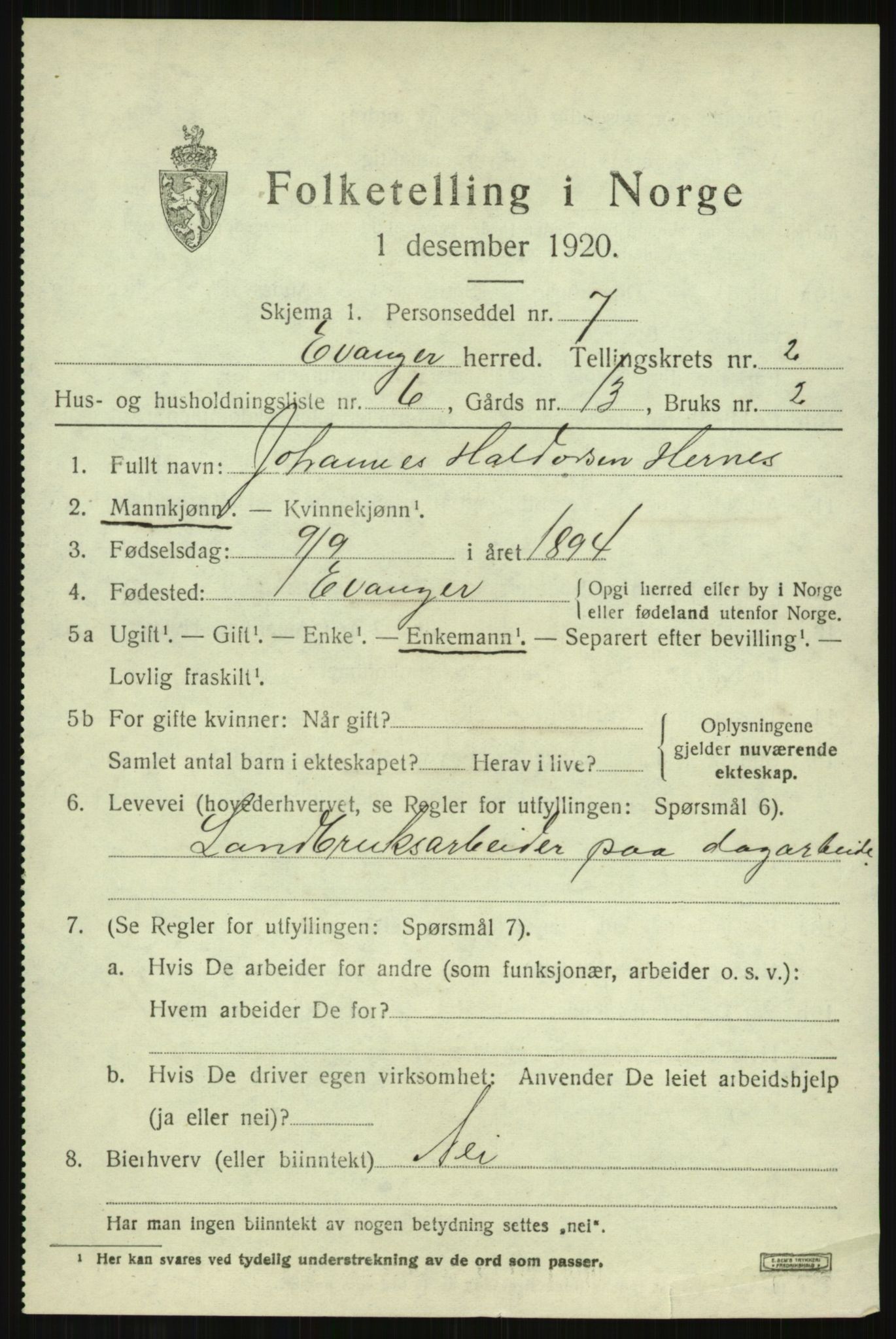 SAB, 1920 census for Evanger, 1920, p. 1033