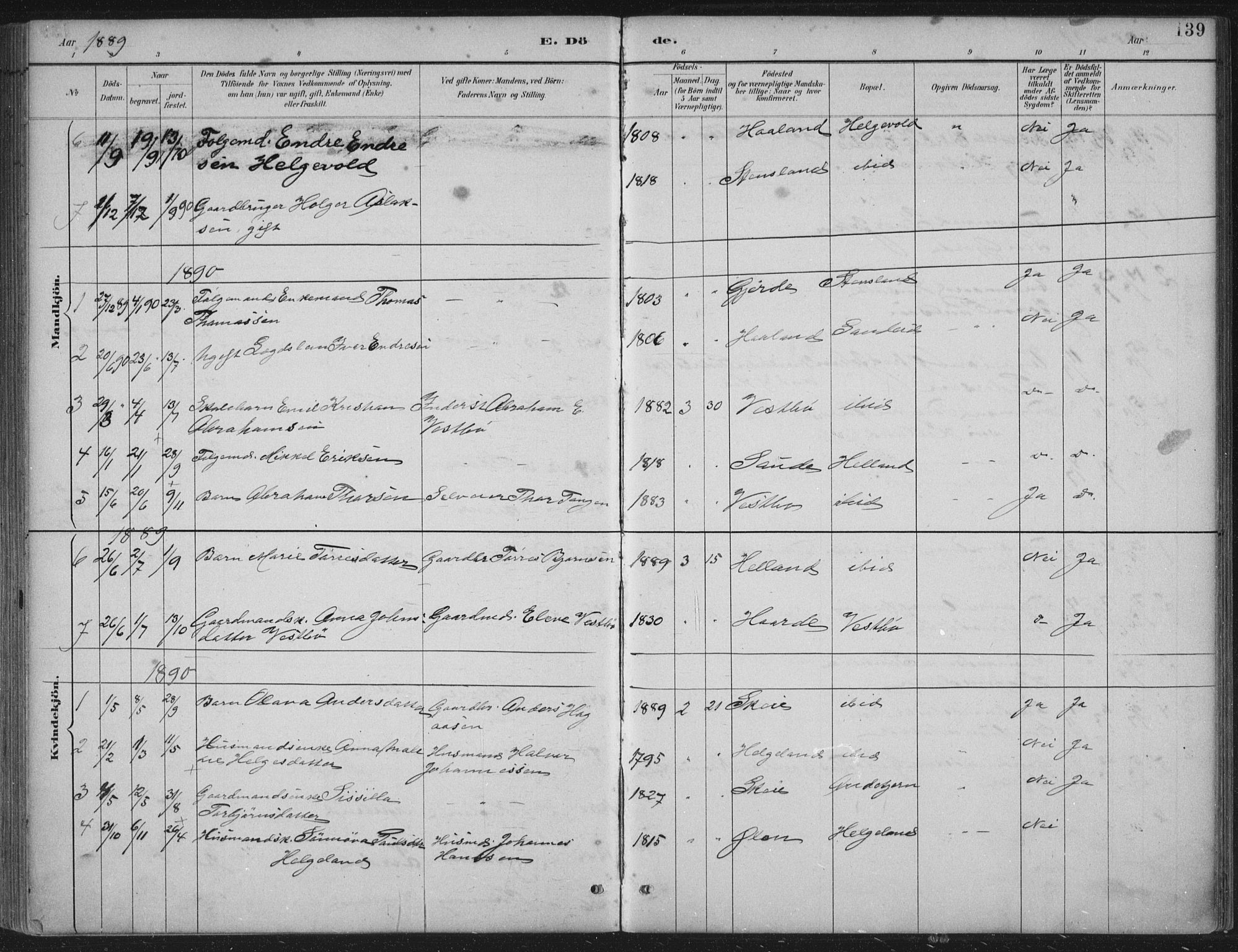 Vikedal sokneprestkontor, AV/SAST-A-101840/01/IV: Parish register (official) no. A 11, 1884-1933, p. 139