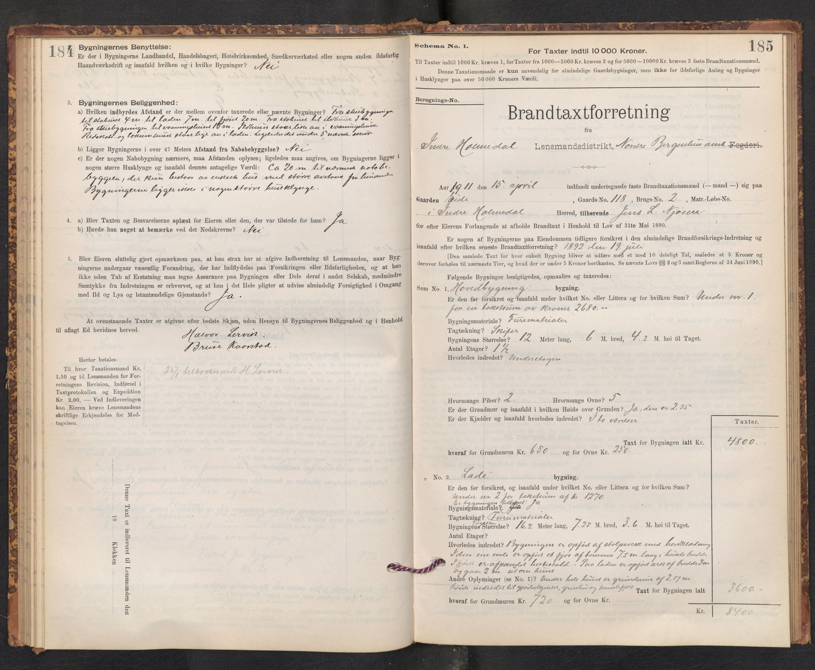 Lensmannen i Gaular, SAB/A-27601/0012/L0005: Branntakstprotokoll, skjematakst, 1895-1917, p. 184-185