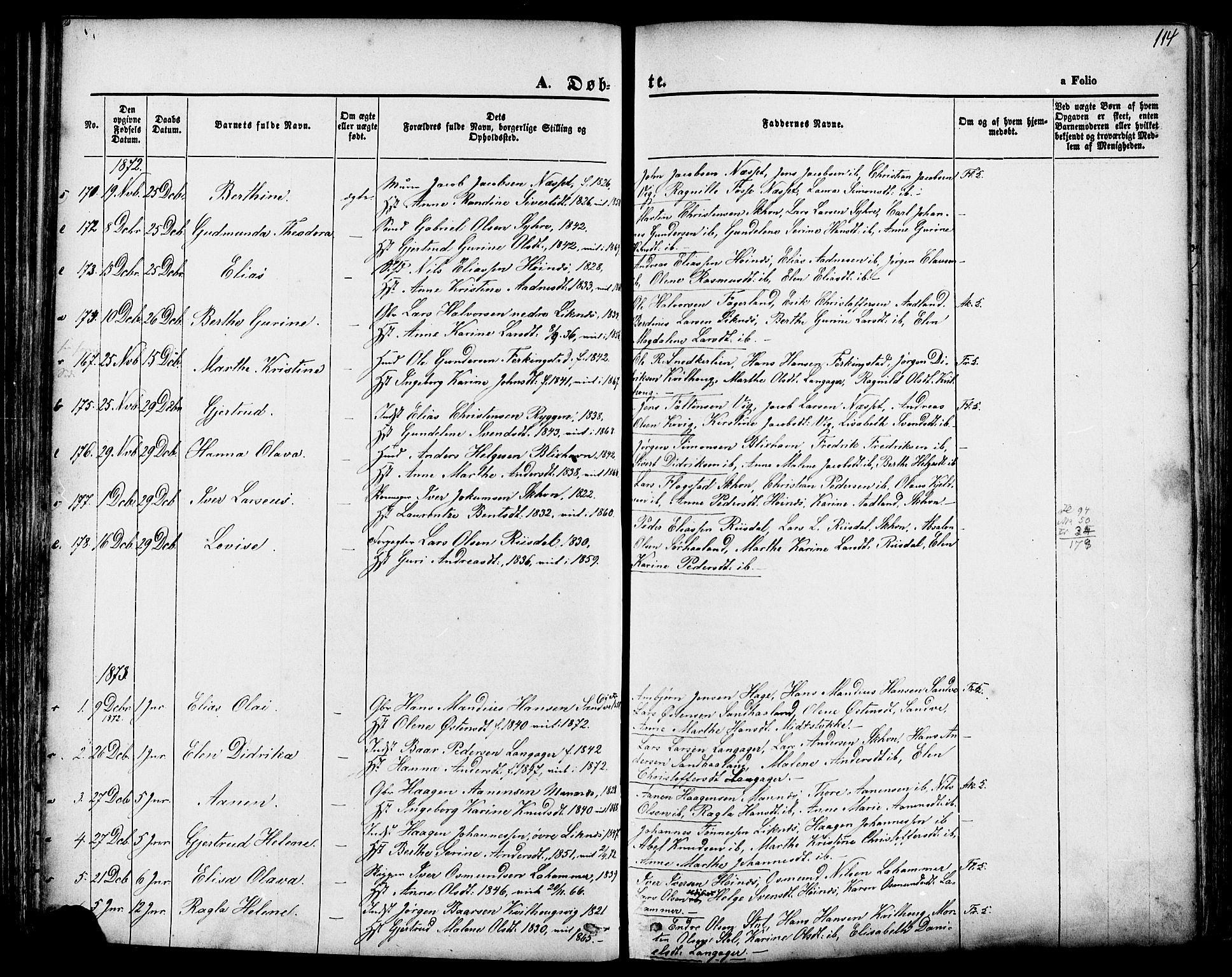 Skudenes sokneprestkontor, AV/SAST-A -101849/H/Ha/Haa/L0006: Parish register (official) no. A 4, 1864-1881, p. 114