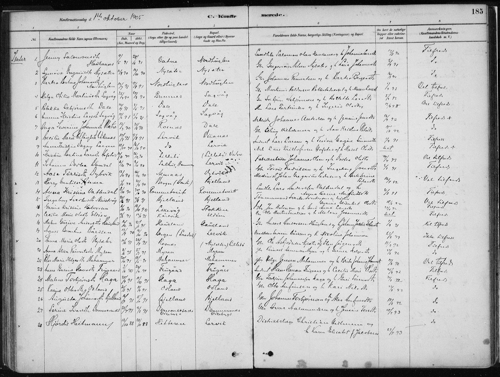 Stord sokneprestembete, AV/SAB-A-78201/H/Haa: Parish register (official) no. B 2, 1878-1913, p. 185