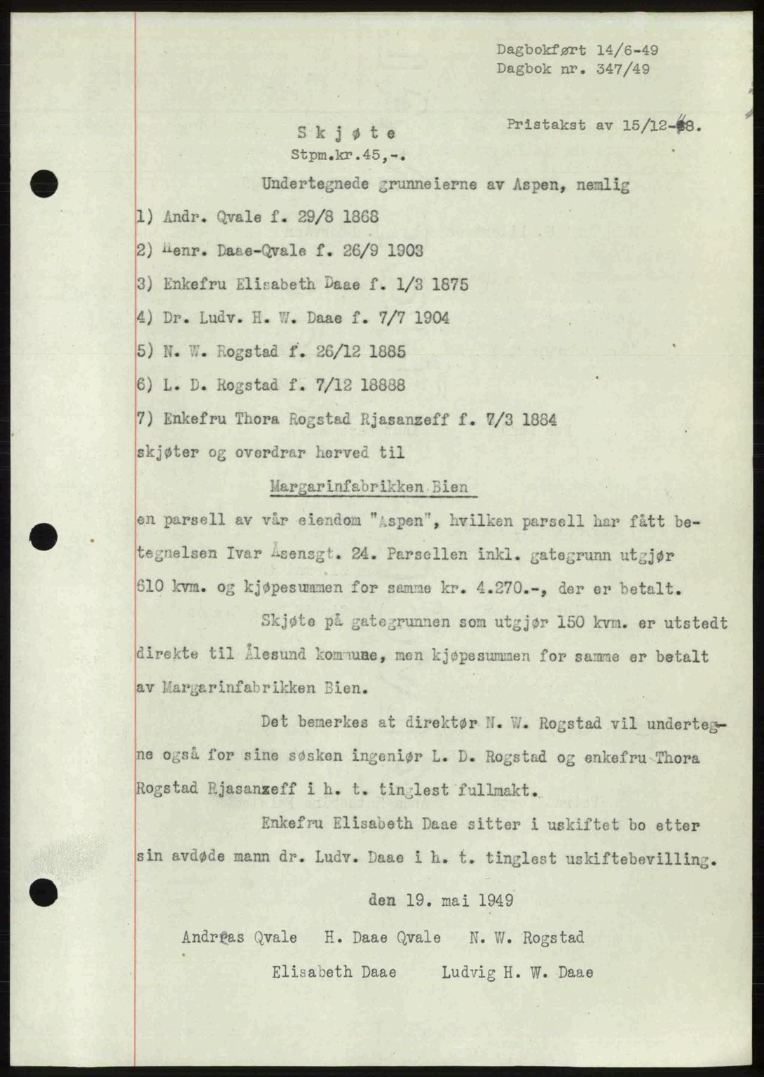 Ålesund byfogd, AV/SAT-A-4384: Mortgage book no. 37A (1), 1947-1949, Diary no: : 347/1949