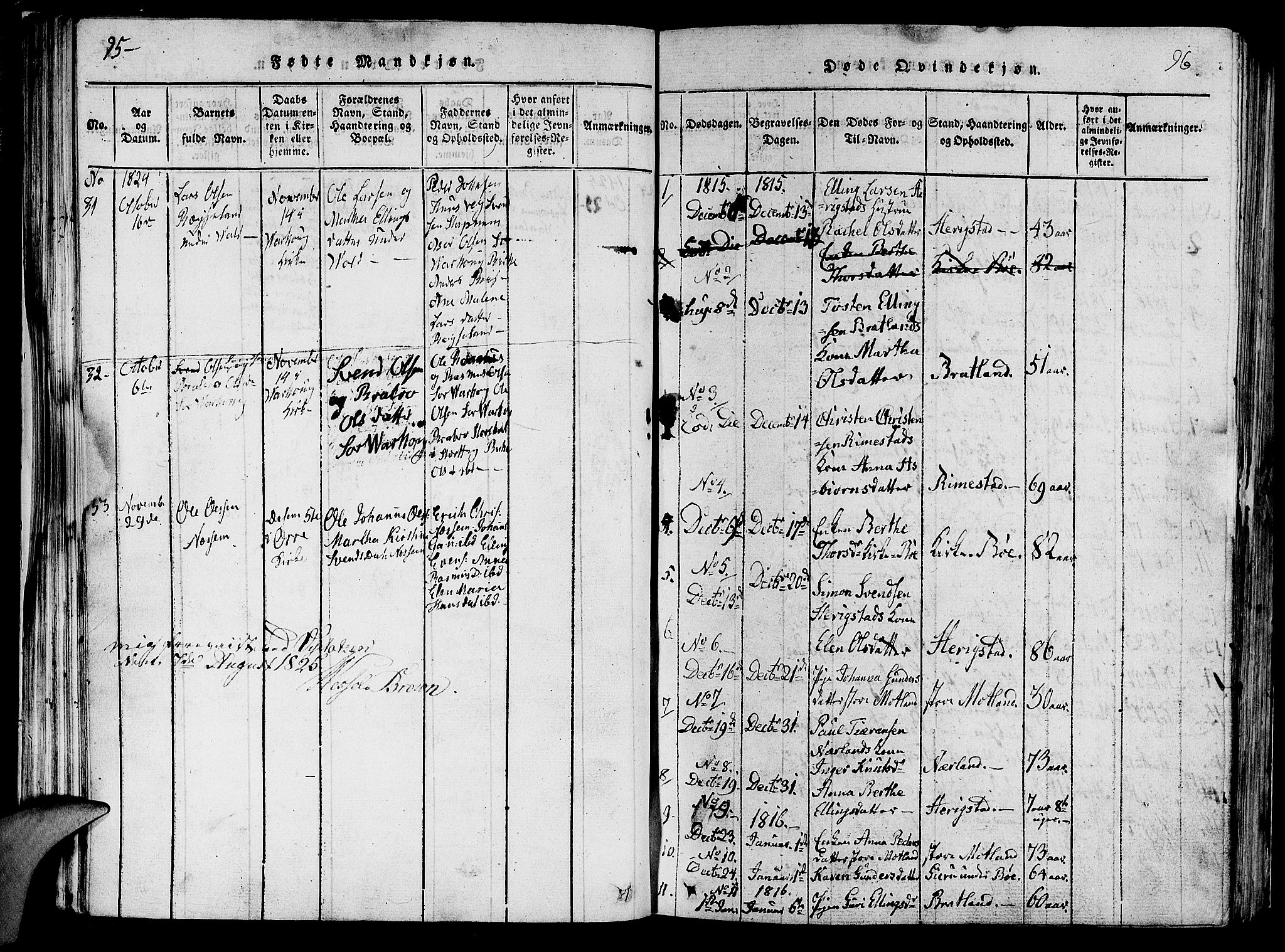 Hå sokneprestkontor, SAST/A-101801/001/30BA/L0003: Parish register (official) no. A 3, 1815-1825, p. 95-96
