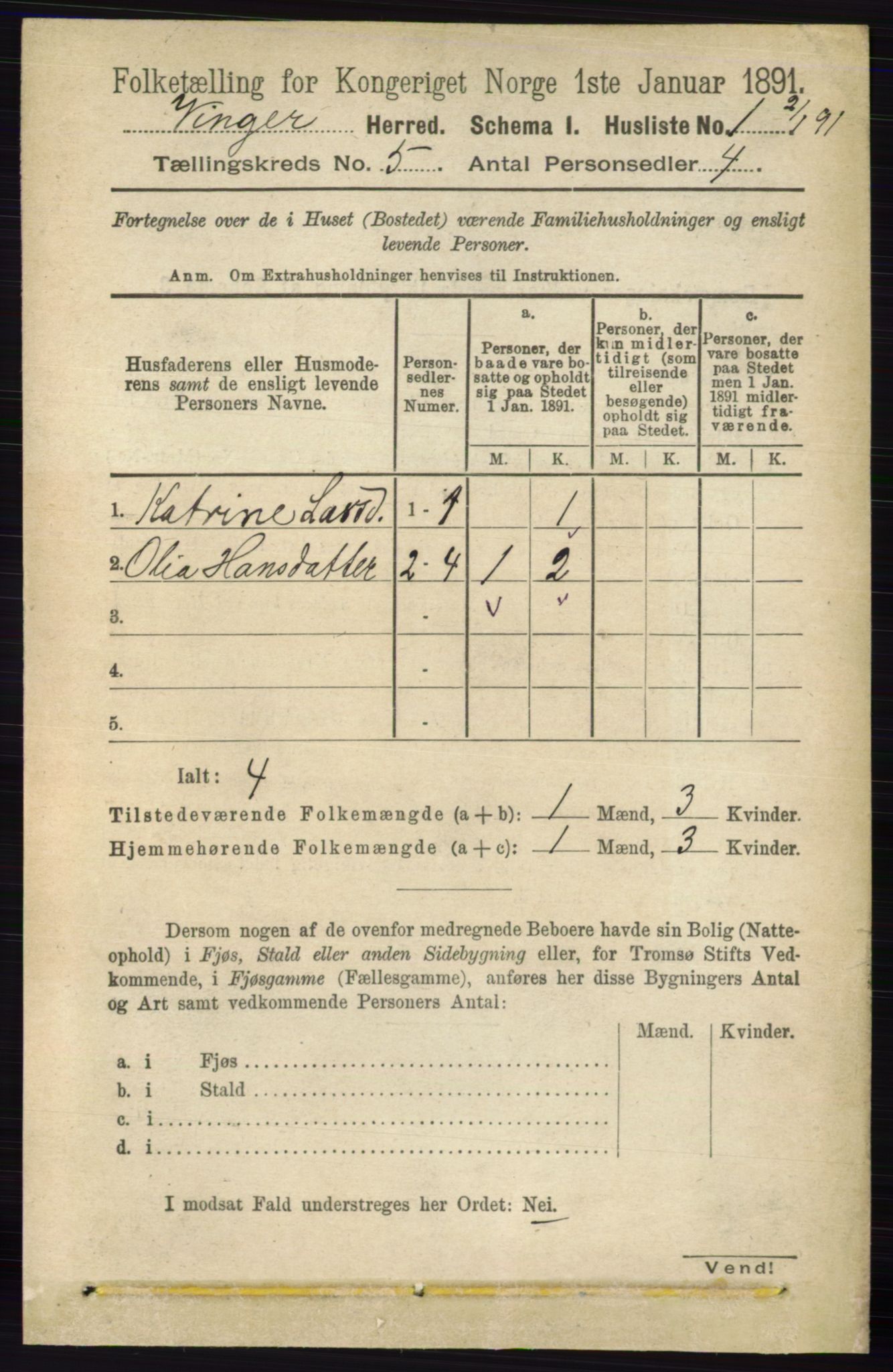 RA, 1891 census for 0421 Vinger, 1891, p. 1965