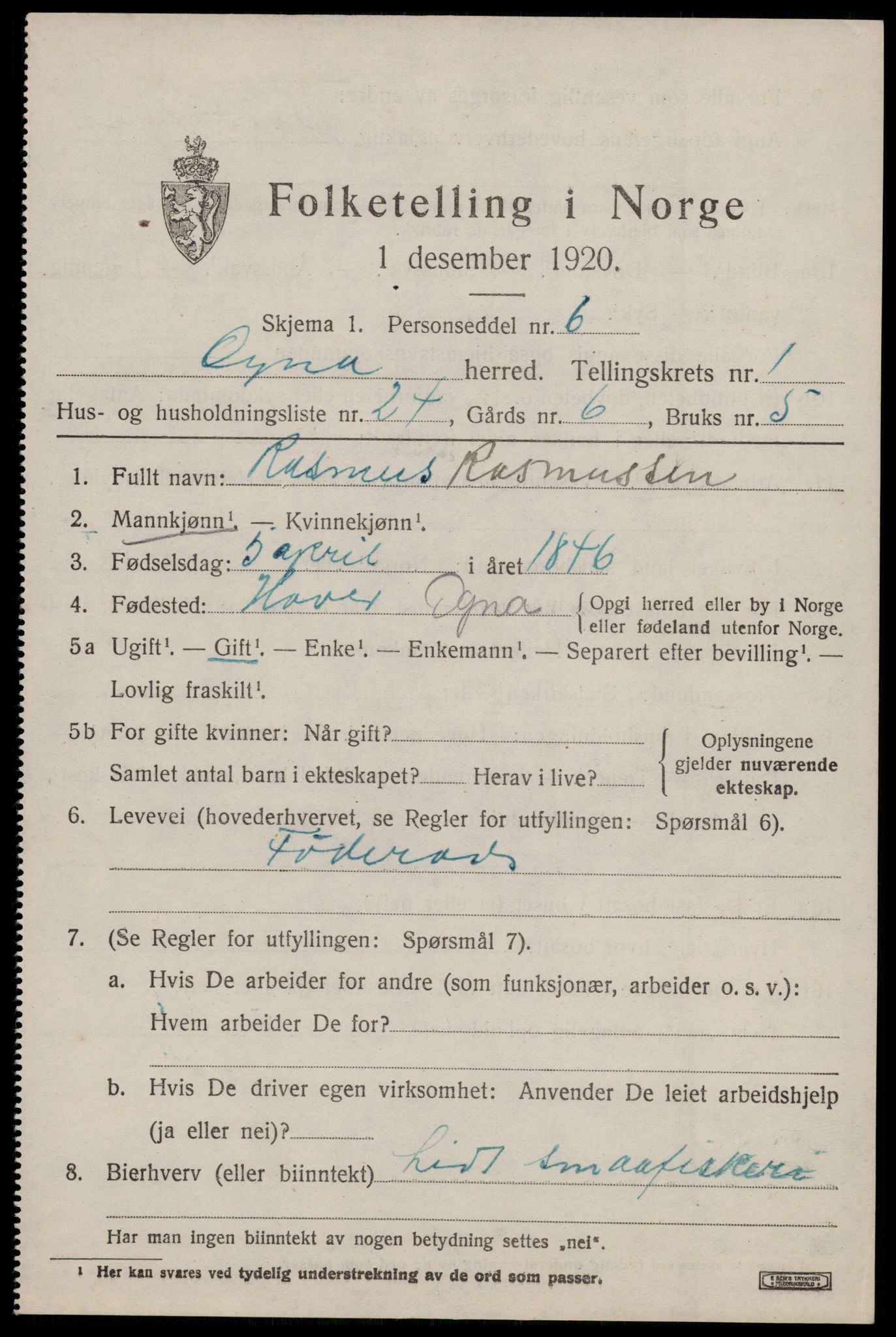 SAST, 1920 census for Ogna, 1920, p. 809