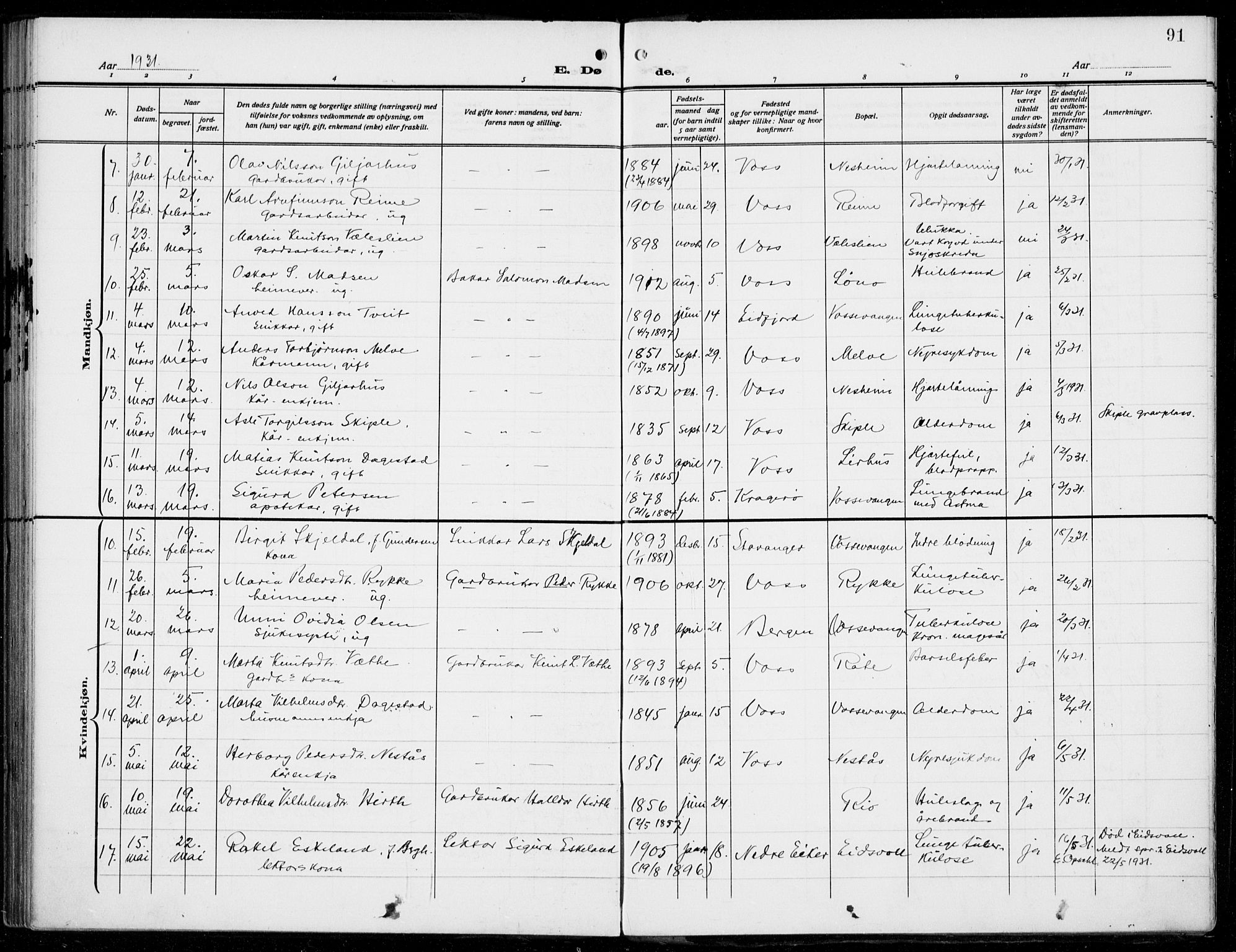 Voss sokneprestembete, AV/SAB-A-79001/H/Haa: Parish register (official) no. D  2, 1910-1932, p. 91