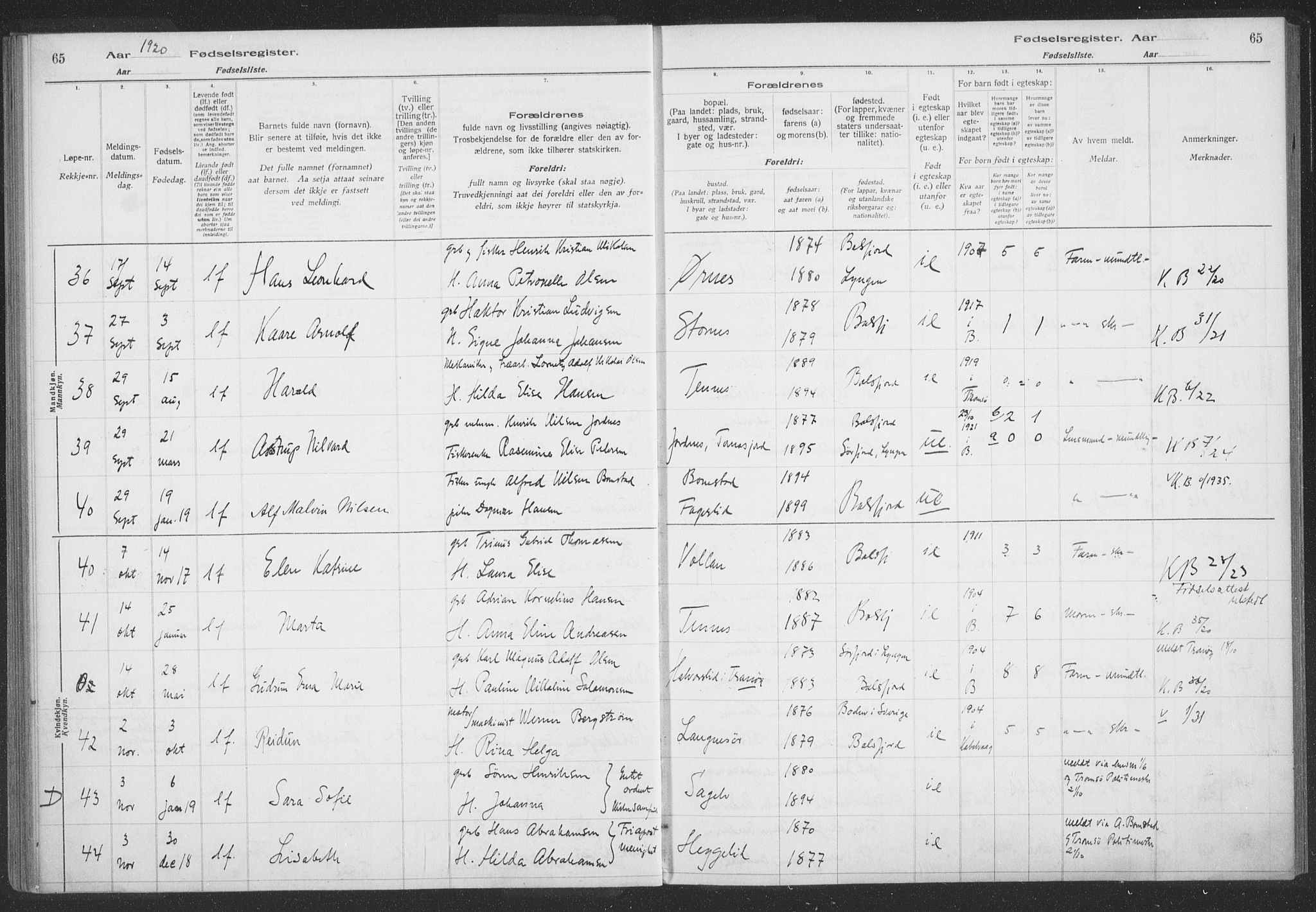 Balsfjord sokneprestembete, AV/SATØ-S-1303/H/Hb/L0059: Birth register no. 59, 1916-1930, p. 65