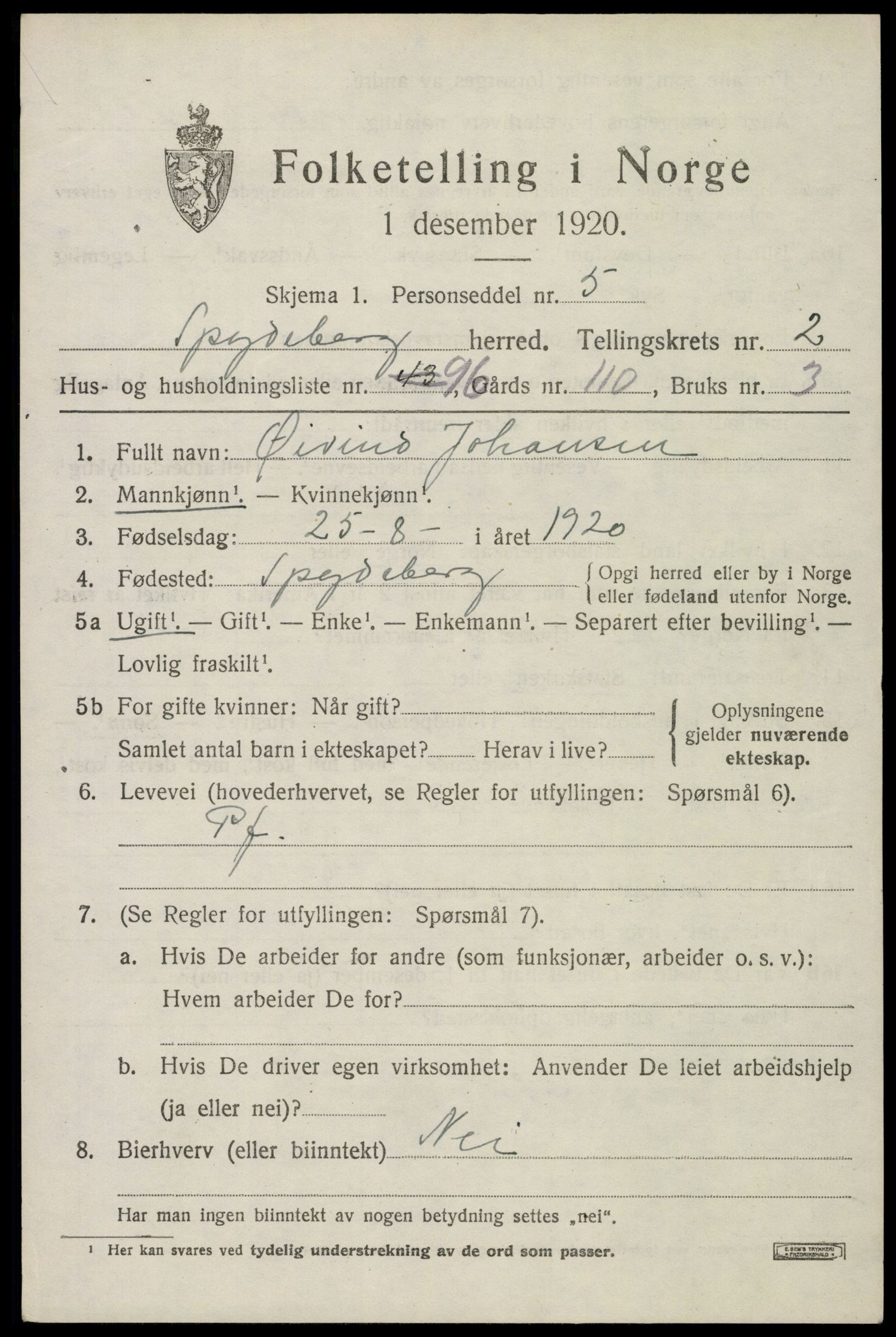 SAO, 1920 census for Spydeberg, 1920, p. 4063