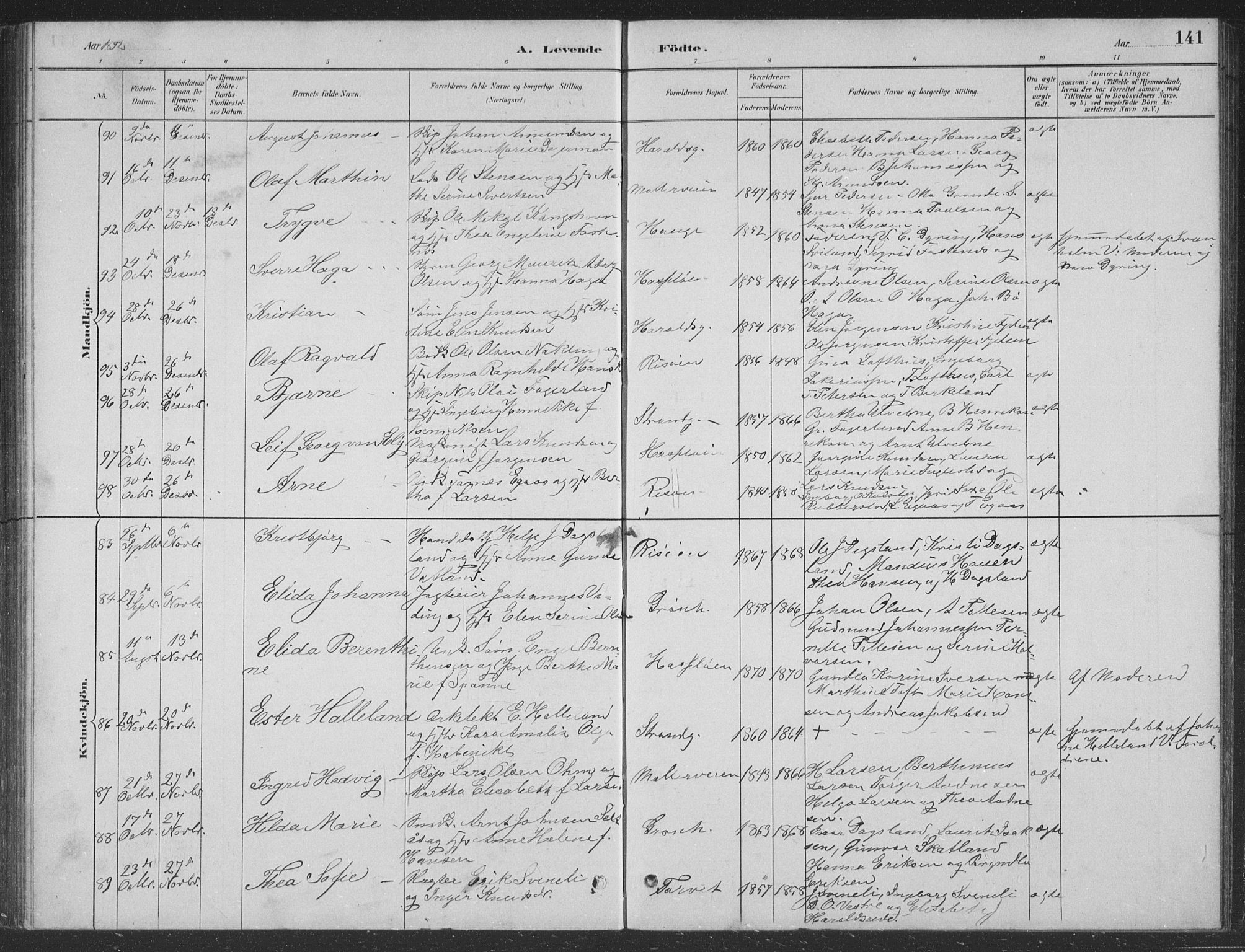 Haugesund sokneprestkontor, AV/SAST-A -101863/H/Ha/Hab/L0002: Parish register (copy) no. B 2, 1881-1894, p. 141