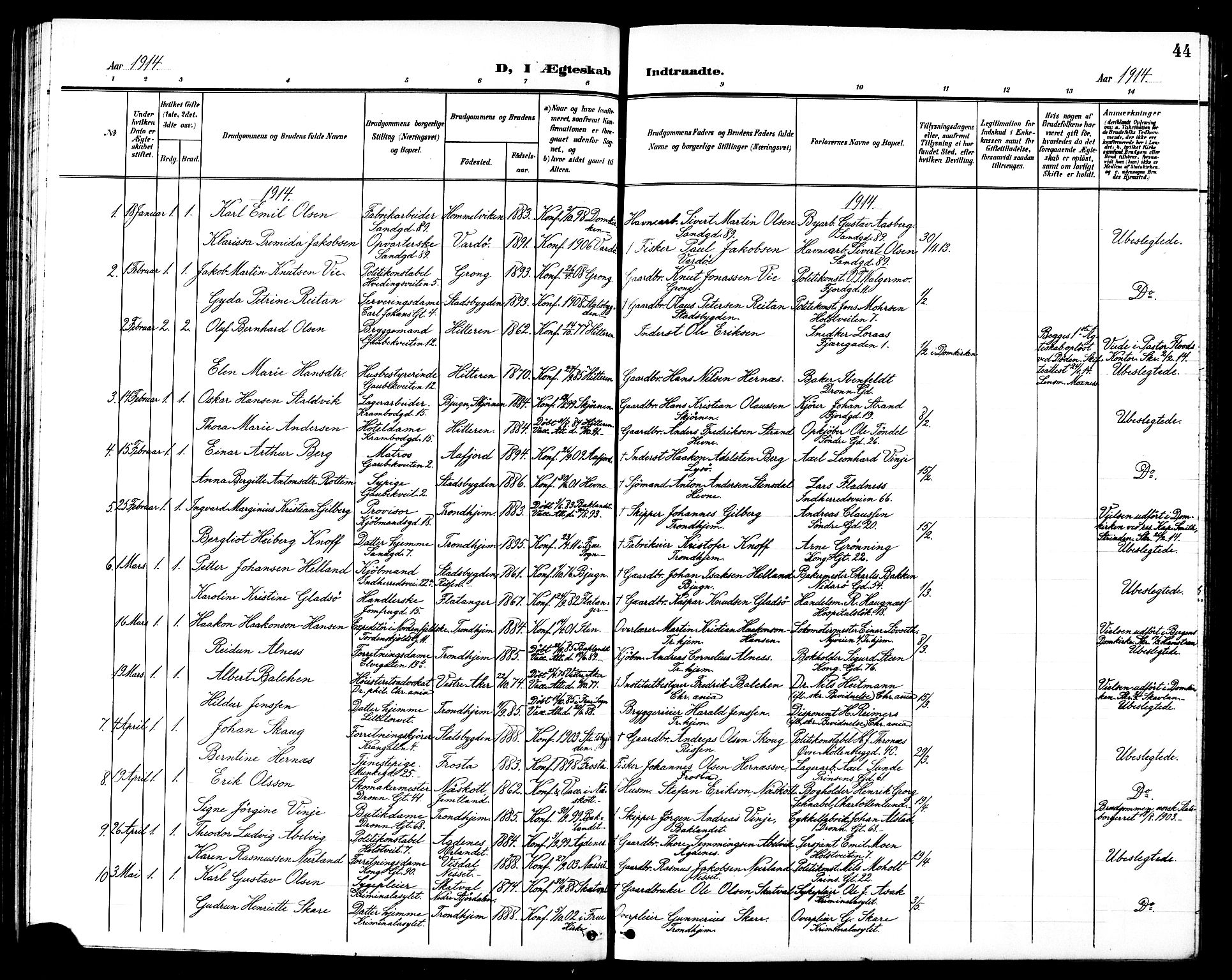 Ministerialprotokoller, klokkerbøker og fødselsregistre - Sør-Trøndelag, SAT/A-1456/602/L0145: Parish register (copy) no. 602C13, 1902-1919, p. 44