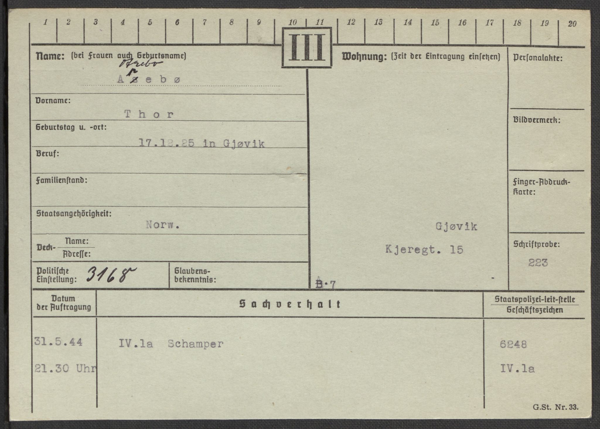 Befehlshaber der Sicherheitspolizei und des SD, AV/RA-RAFA-5969/E/Ea/Eaa/L0001: Register over norske fanger i Møllergata 19: A-Bj, 1940-1945, p. 548