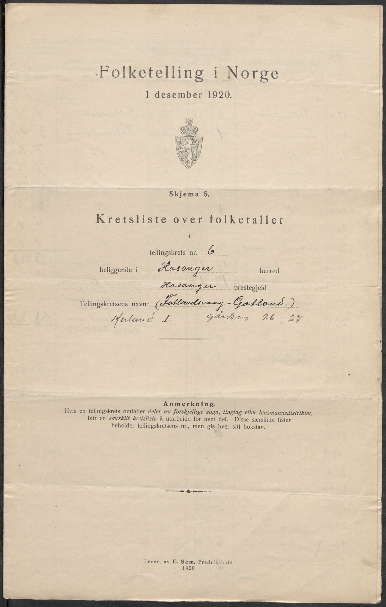 SAB, 1920 census for Hosanger, 1920, p. 20