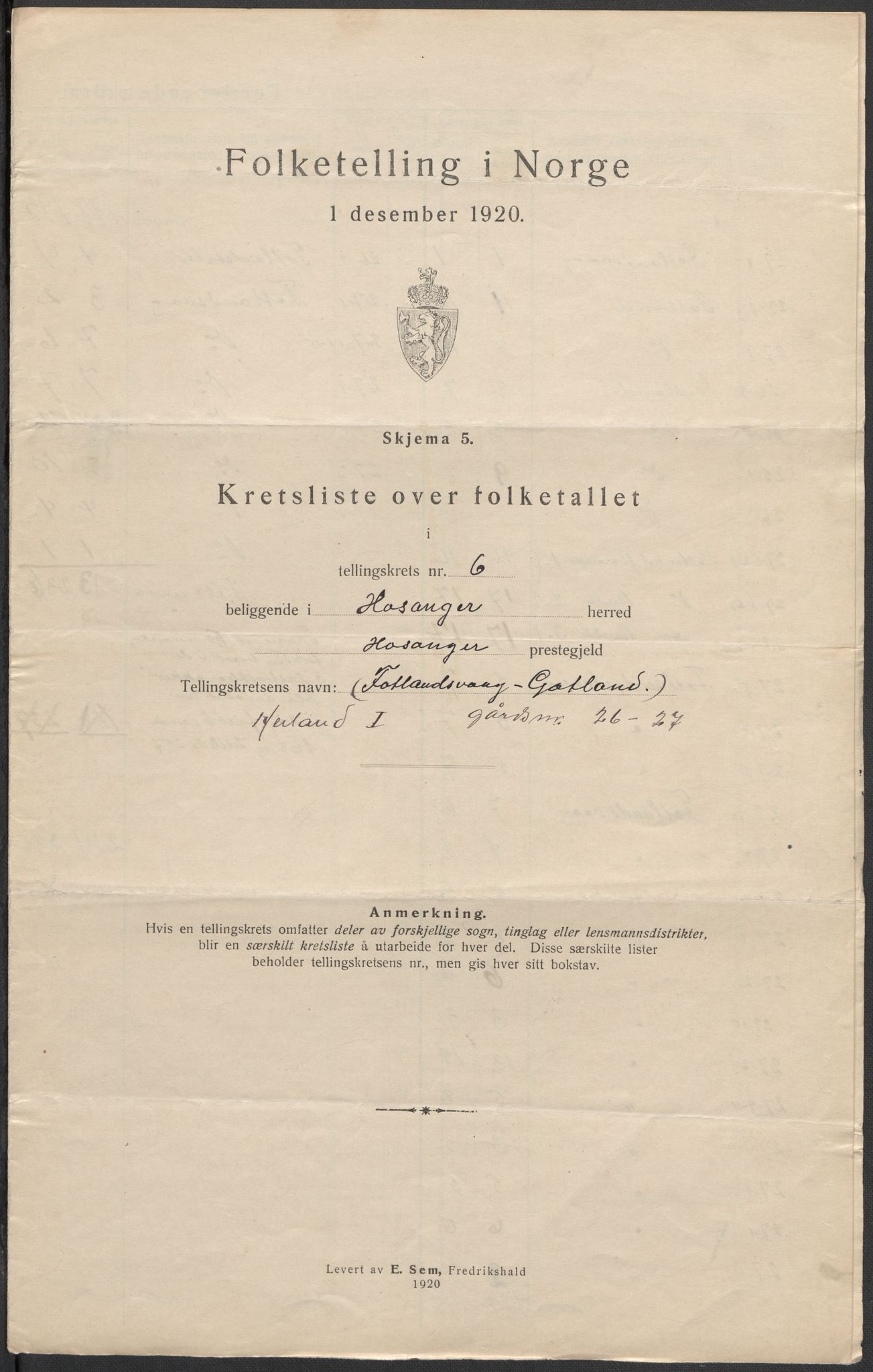 SAB, 1920 census for Hosanger, 1920, p. 20