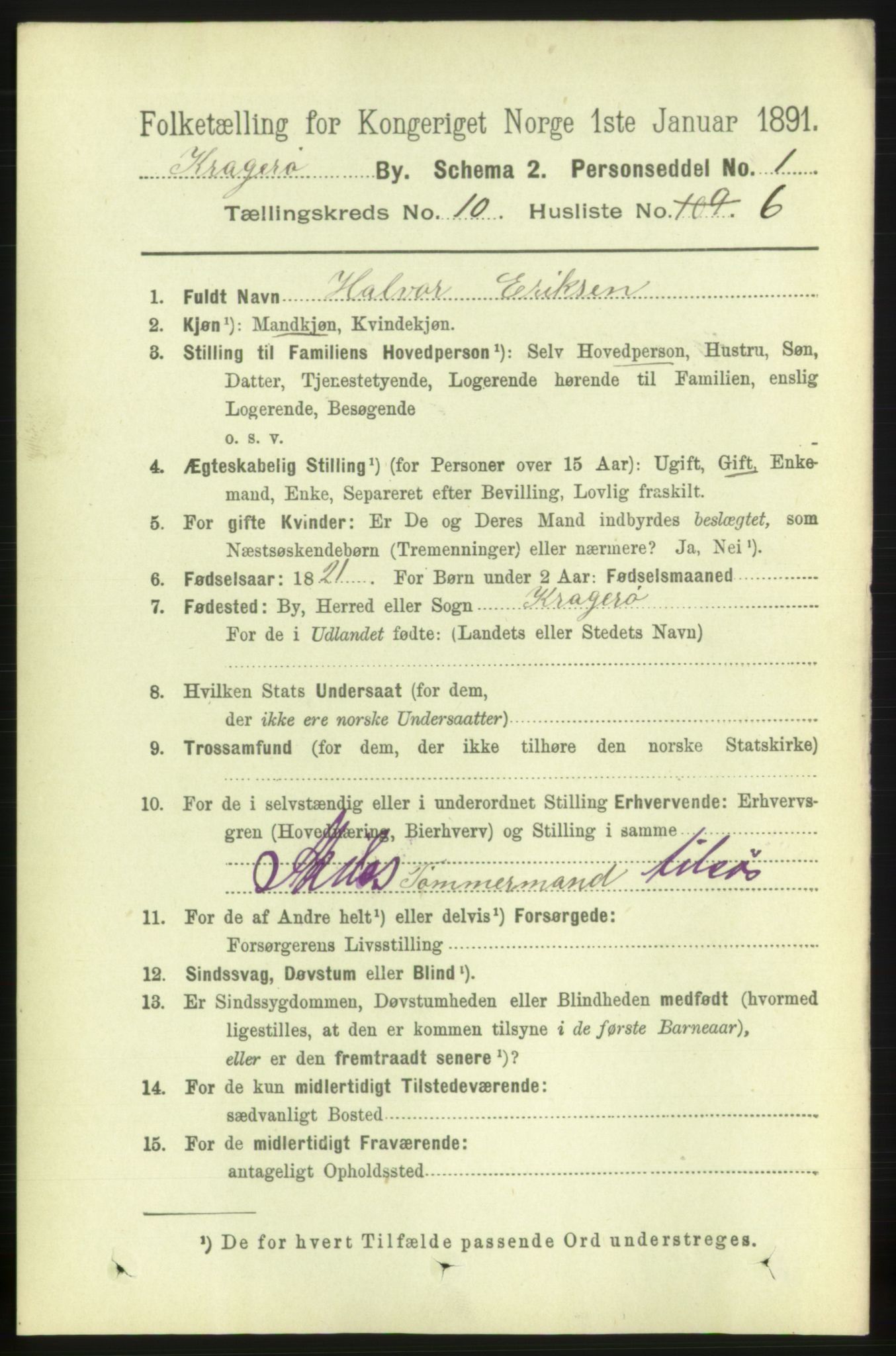 RA, 1891 census for 0801 Kragerø, 1891, p. 3789