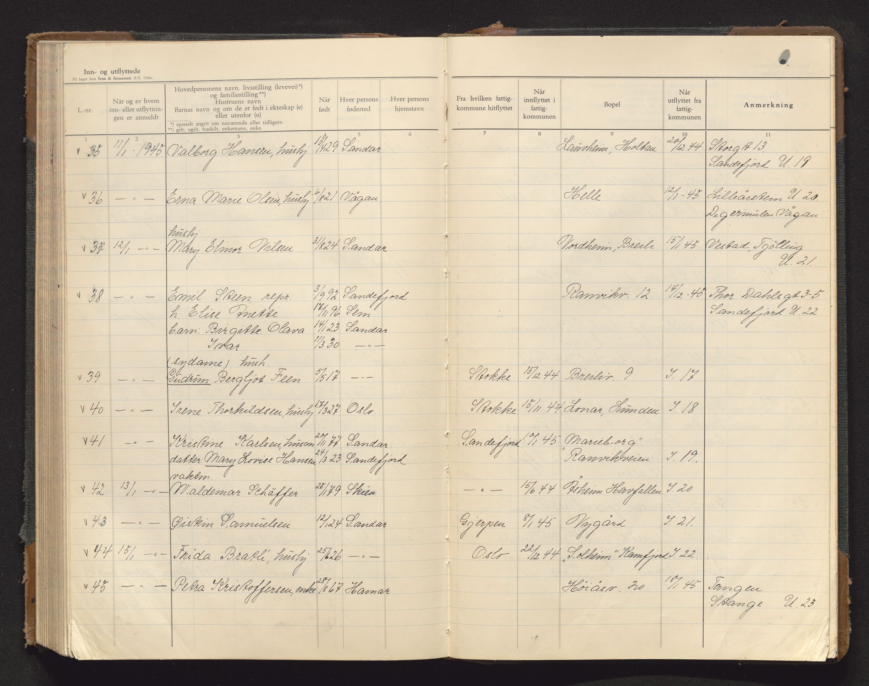 Sandar lensmannskontor, AV/SAKO-A-545/O/Oa/L0014: Protokoll over inn- og utflyttede, 1942-1945